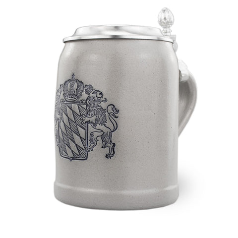 Bierkrug mit Zinndeckel „Bayernwappen“ aus salzglasiertem Steinzeug, bayerisches Wappen blau ausgelegt, 0,5 Liter