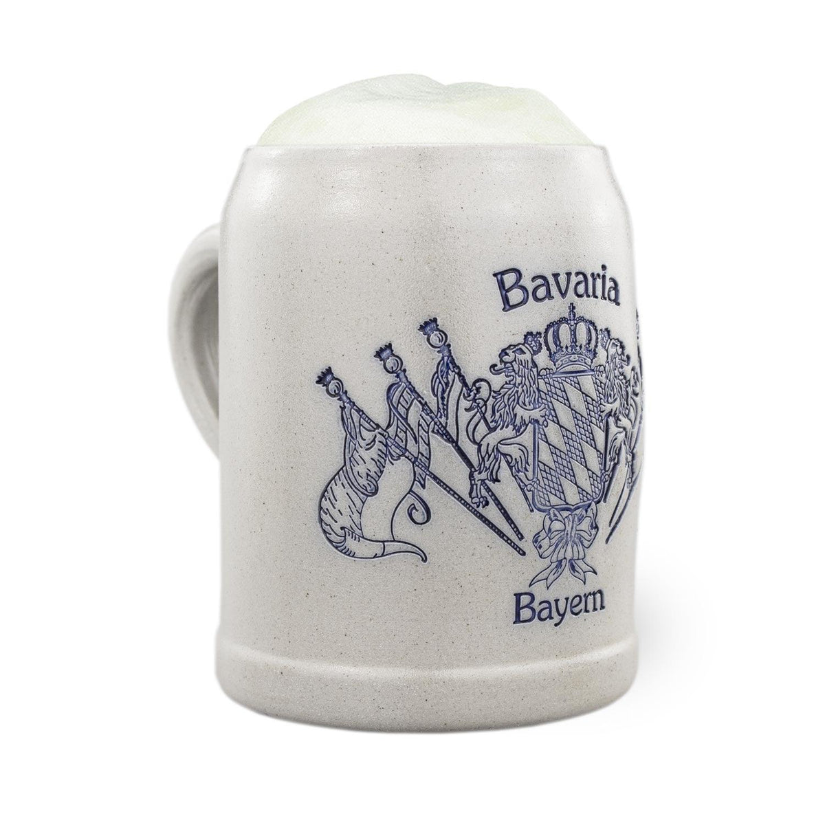 Traditioneller Bierkrug aus Steinzeug mit bayerischem Rautenmuster, Staatswappen und gekreuzten Fahnen, 0,5 L.