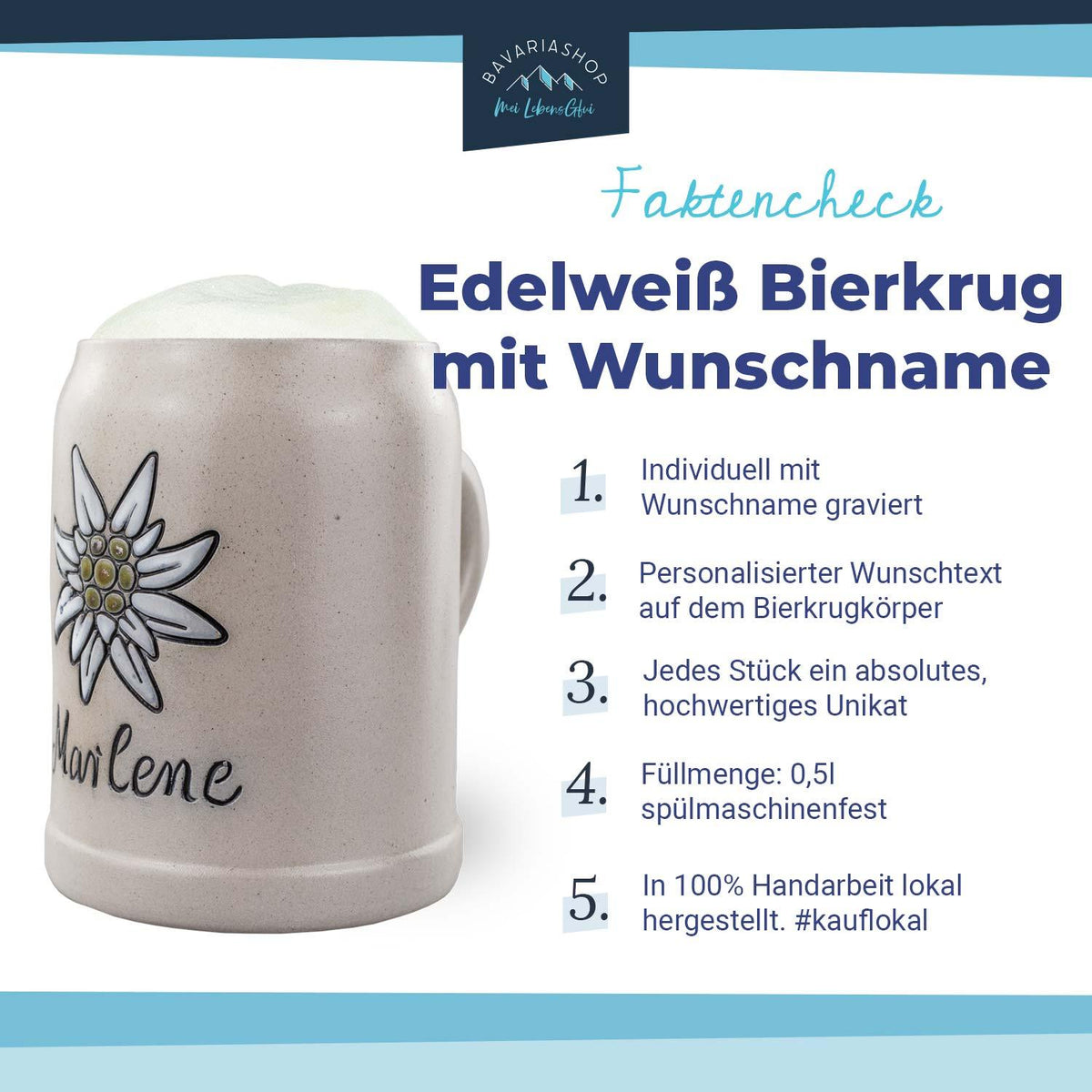 PREMIUM Bierkrug Edelweiß, hellgrau mit weißem Schaum, handgemaltem Edelweißmuster und dem Namen "Marlene".