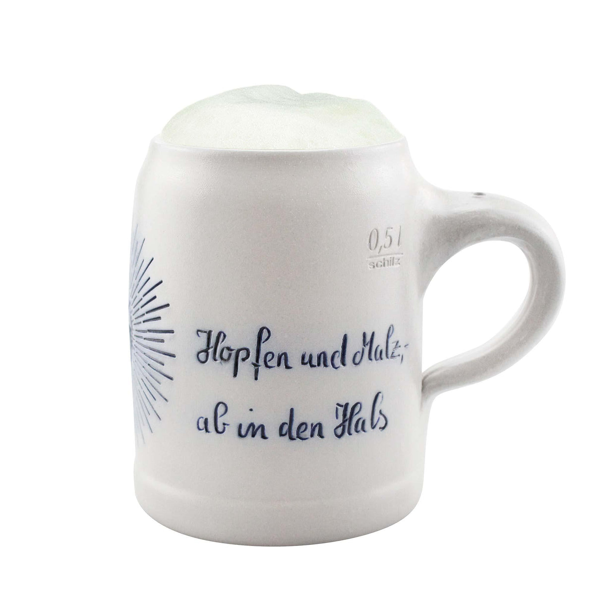 Bierkrug „Holy Hopfen“ aus Steinzeug mit 0,5-Liter-Eichstrich und blauem Spruch „Hopfen und Malz – ab in den Hals“