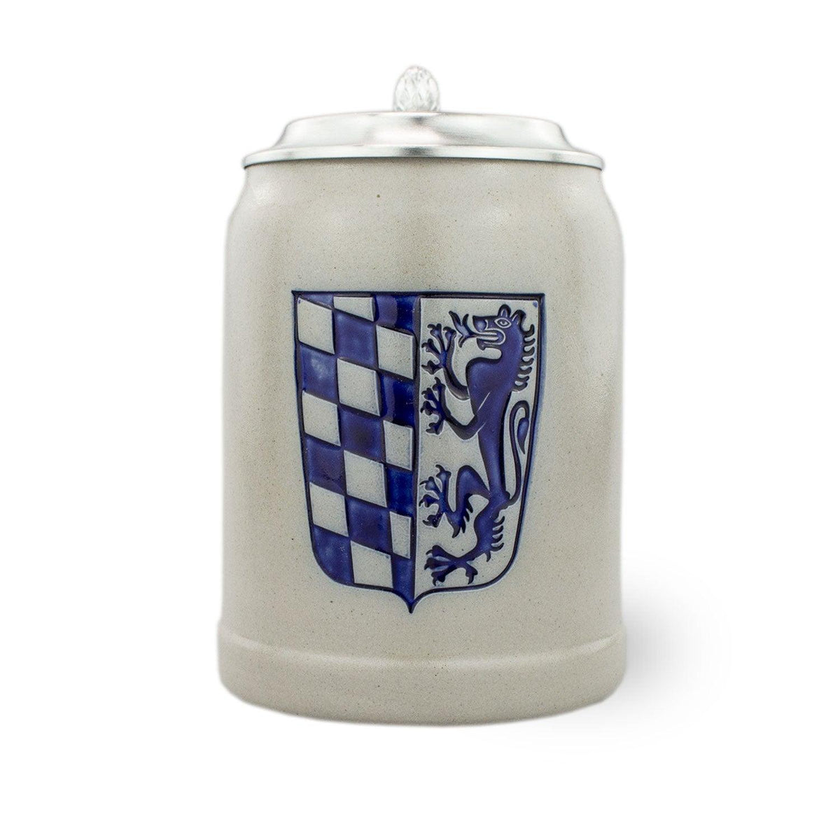 PREMIUM Bierkrug Niederbayern mit blauem Rauten- und Löwenwappen, grauem Steinzeug und Zinndeckel.