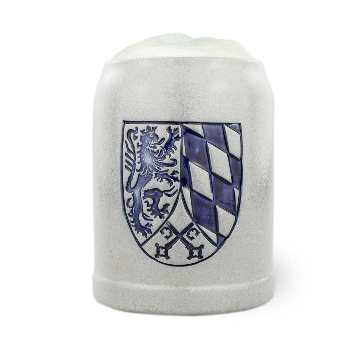 PREMIUM Bierkrug Oberpfalz, mit blau-weißem Wappen, Löwe und Rautenmuster, aus grauem Steingut.