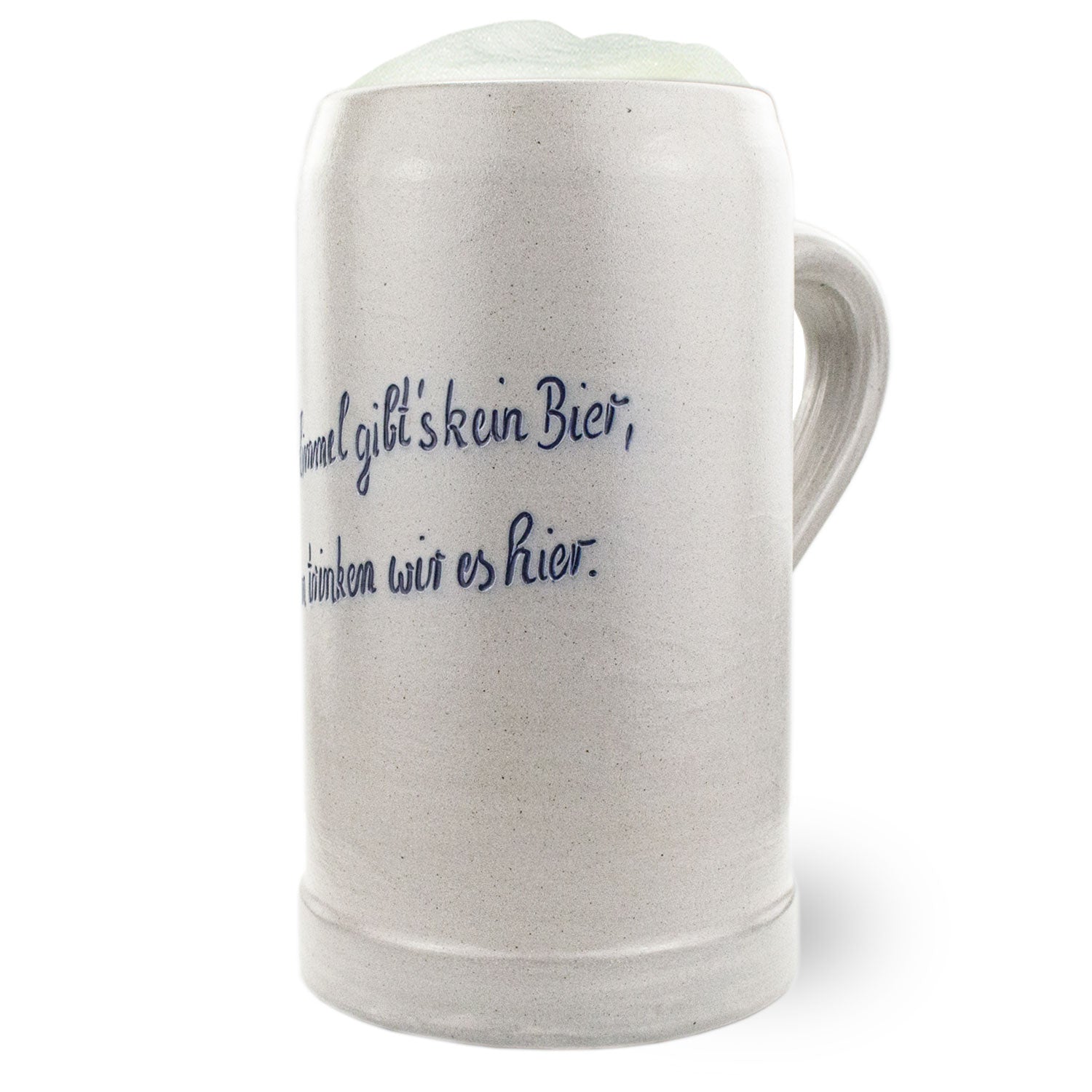 PREMIUM Steinkrug Bierkrug mit blauem Aufdruck eines Sprichworts und Schaumkrone, Details des Henkels sichtbar.