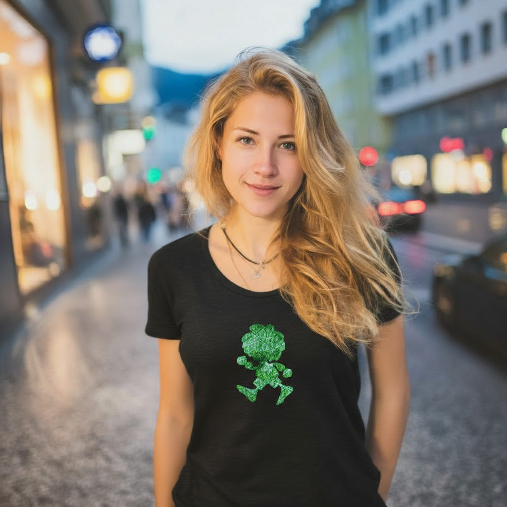 Blonde Frau trägt ein schwarzes Pumuckl Damen T-Shirt Ampel-Edition mit grünem Motiv auf der Straße.