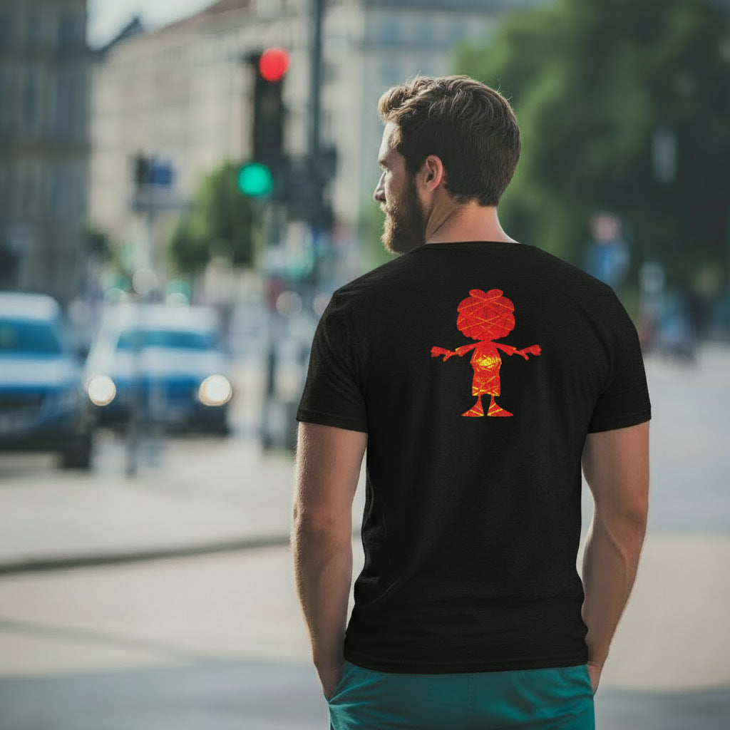 Rückenansicht eines Mannes in schwarzem Pumuckl Herren T-Shirt Ampel-Edition mit rotem Aufdruck, auf der Straße stehend.