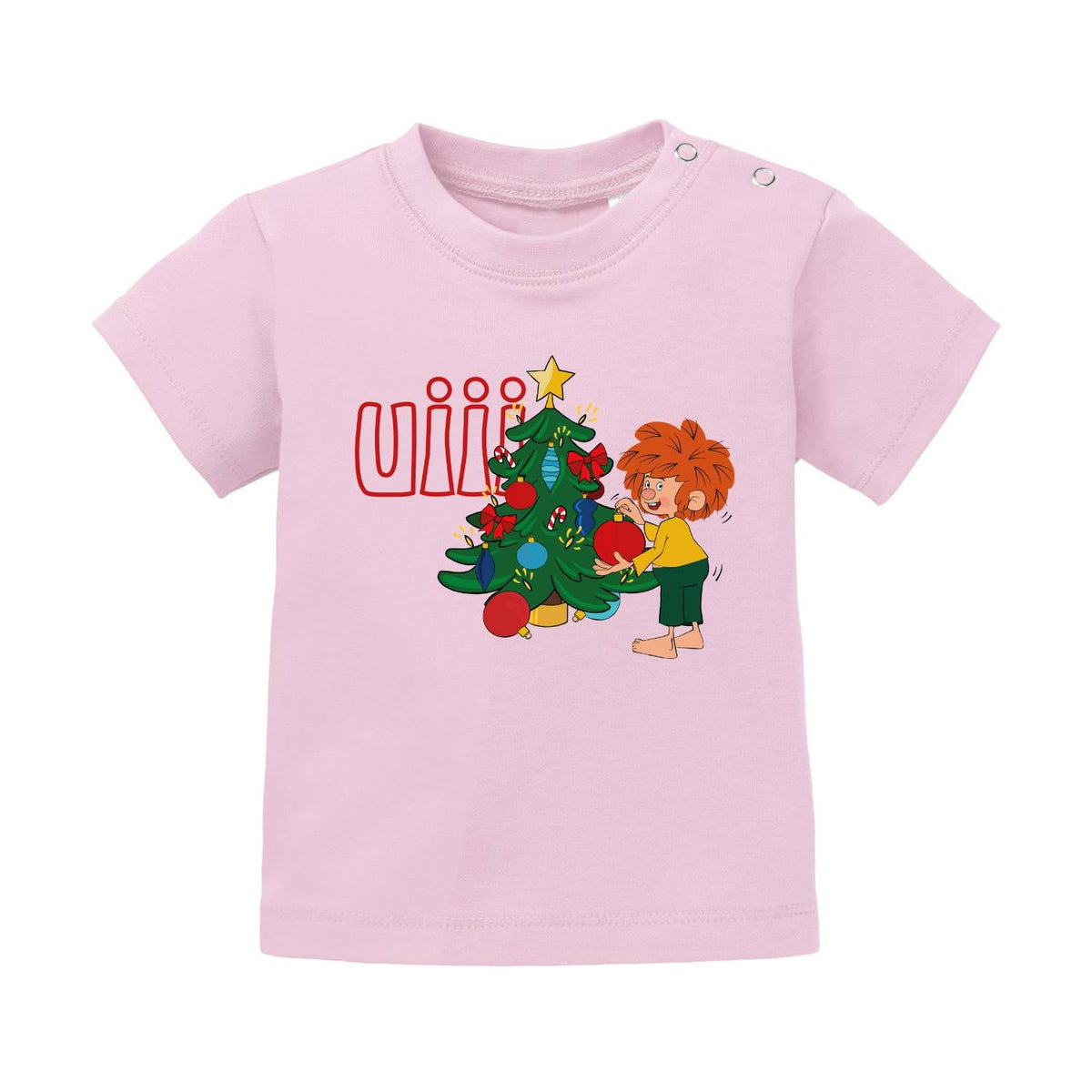 Rosafarbenes Pumuckl Baby T-Shirt "uiii Weihnachten" mit Pumuckl beim Schmücken des Weihnachtsbaums.