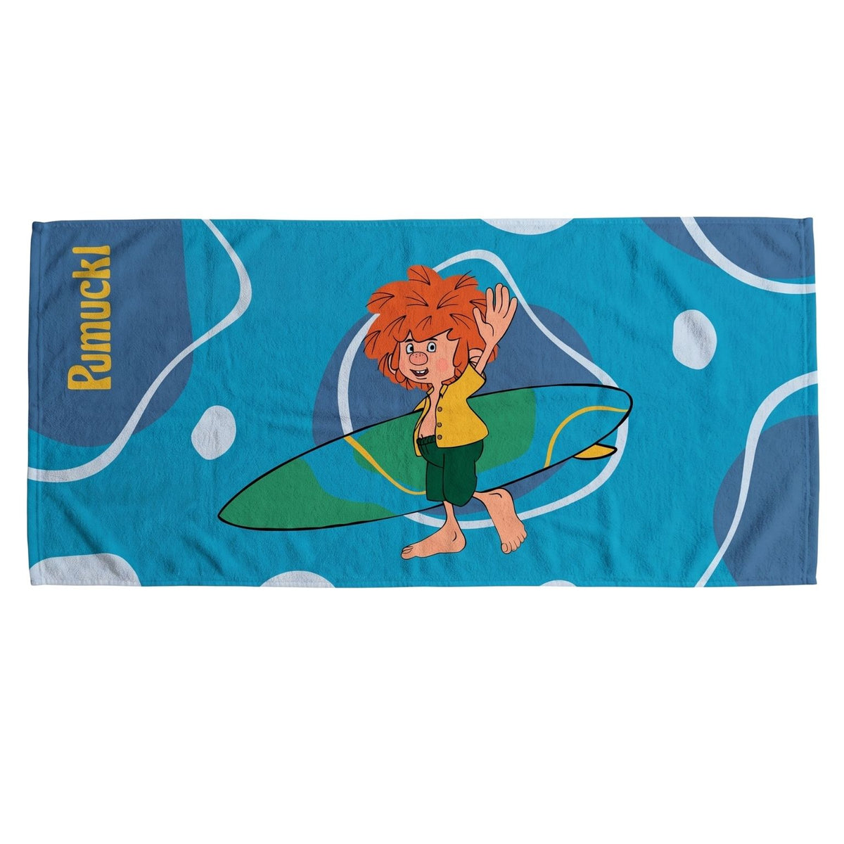 Pumuckl Handtuch XXL blau mit Surfbrett und wellenförmigem Muster, ideal für Strand und Bad.