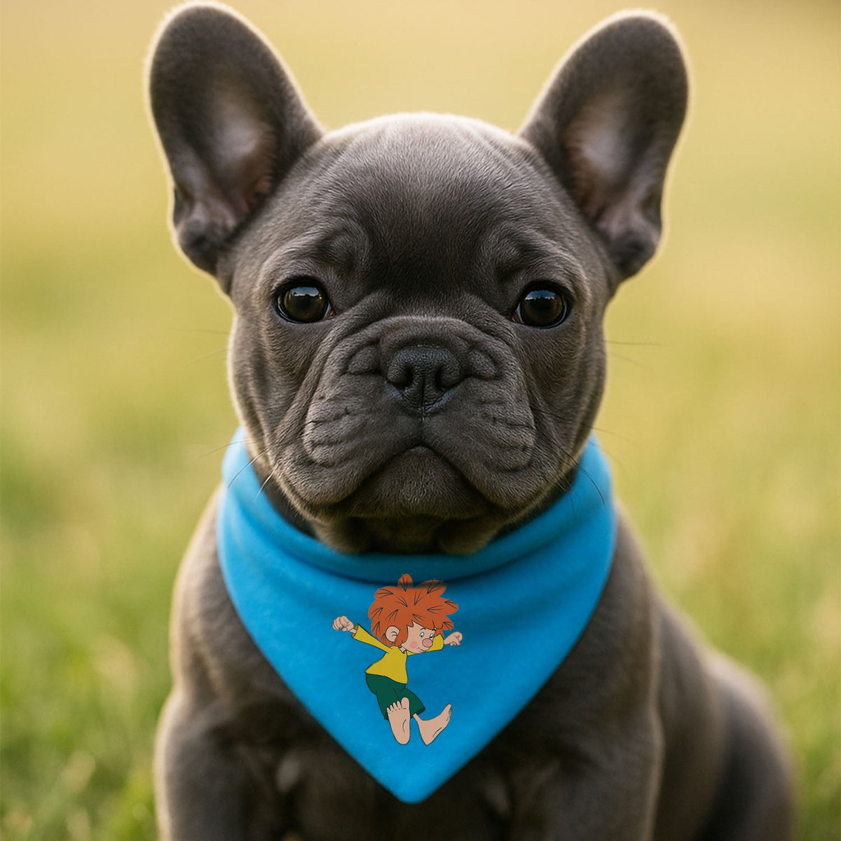 Französische Bulldogge Welpe mit blauem Pumuckl Hunde-Halstuch "Bin a dabei" im Gras