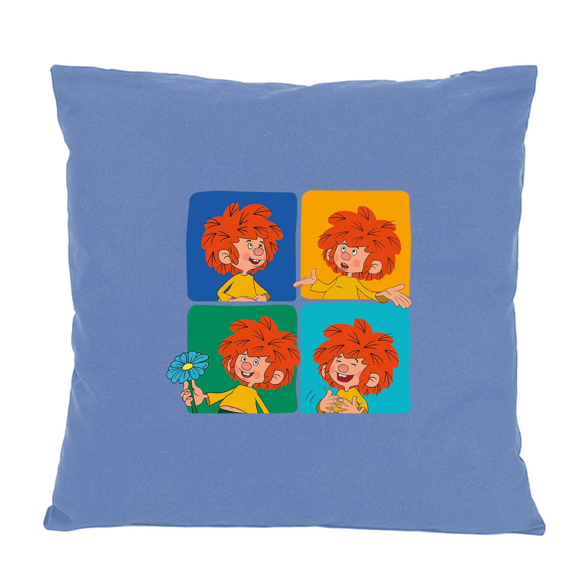 Pumuckl Kissen „Meisterwerk“ in Blau mit vier bunten Pumuckl-Feldern