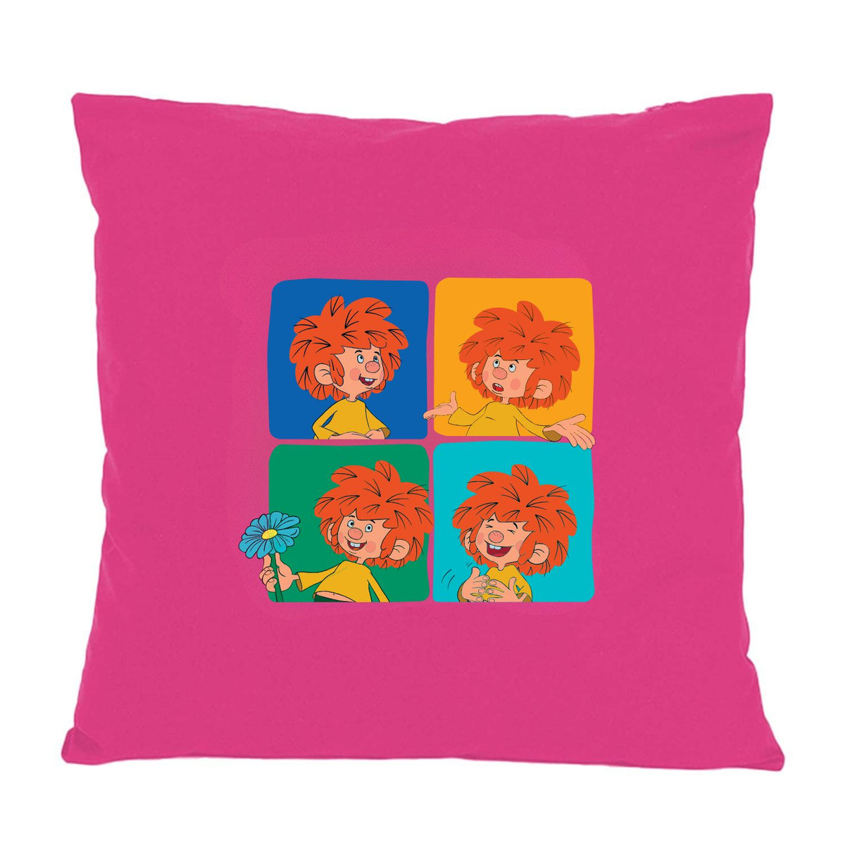 Pumuckl Kissen „Meisterwerk“ in Beere mit vier bunten Pumuckl-Feldern