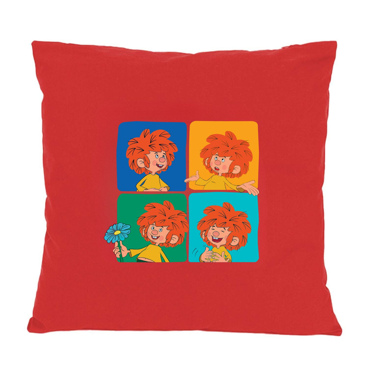 Pumuckl Kissen „Meisterwerk“ in Rot: vier Felder mit lachendem und frechem Pumuckl