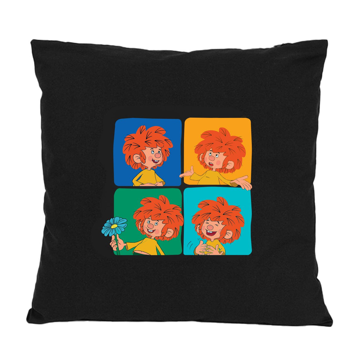 Pumuckl Kissen „Meisterwerk“ in Schwarz mit vier bunten Pumuckl-Motiven