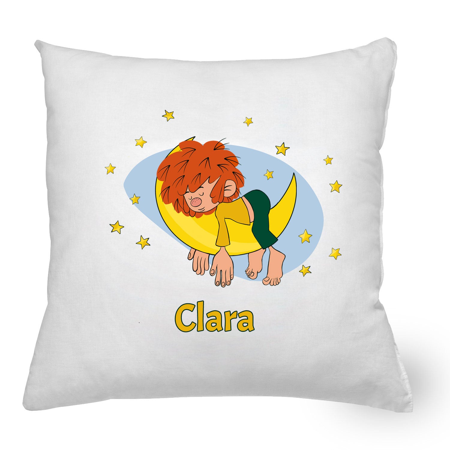 Weißes ®Pumuckl Kuschelkissen personalisiert mit schlafendem Pumuckl auf gelbem Mond und Sternen, Name Clara.