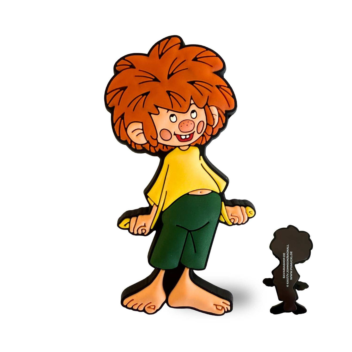 Lachender Pumuckl in gelbem Hemd und grüner Hose als Kühlschrankmagnet – Pumuckl Fanartikel