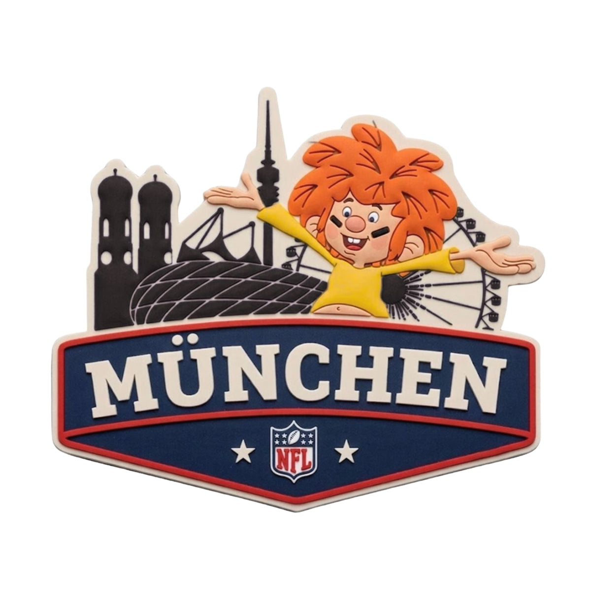 NFL x Pumuckl Magnet München – 3D Rubber-Kühlschrankmagnet: Pumuckl über Frauenkirche, Olympiaturm, Allianz Arena und Riesenrad, darunter MÜNCHEN mit NFL-Logo