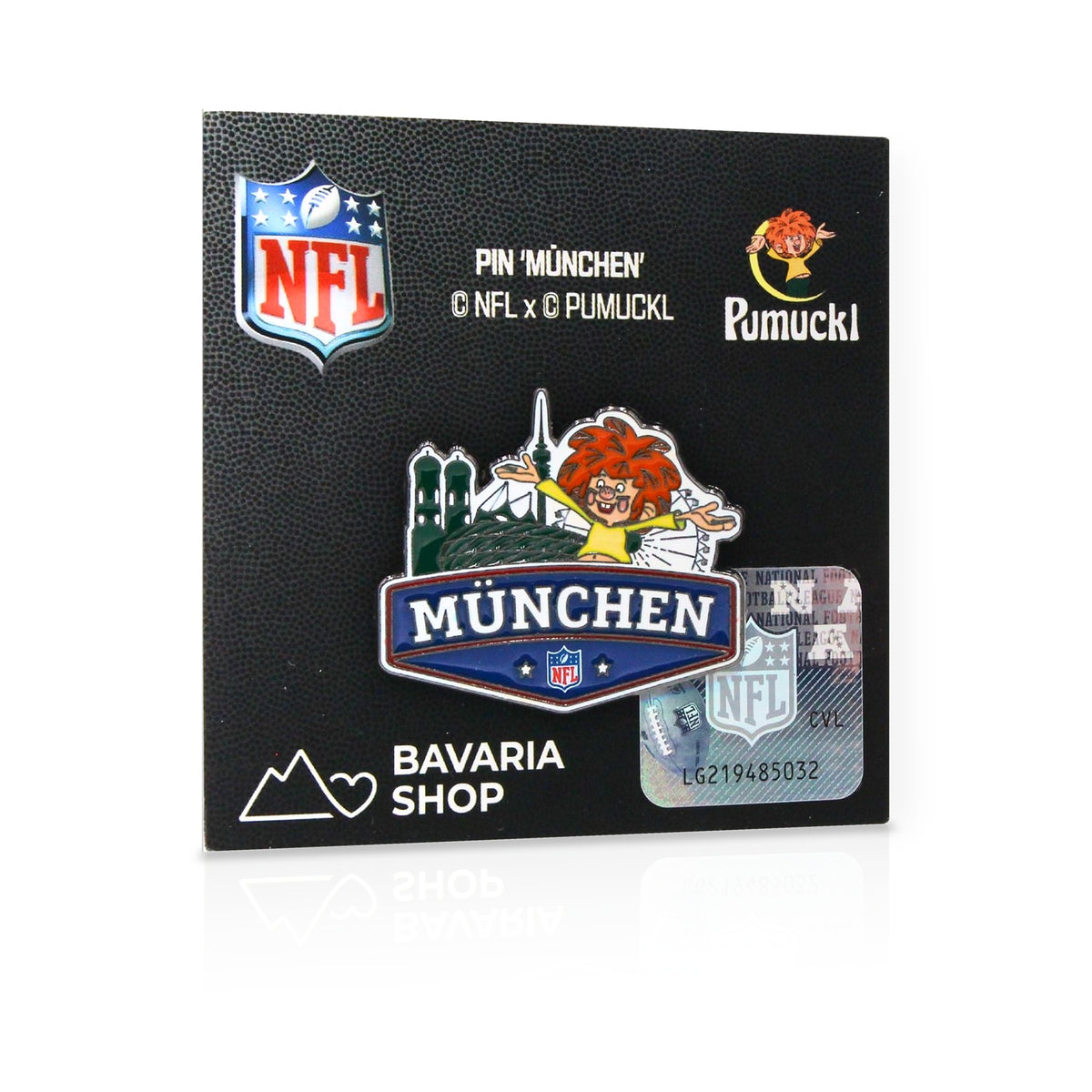 NFL x Pumuckl Pin München in Originalverpackung mit offiziellem NFL-Hologramm – Emaille-Anstecker als Souvenir zum NFL Munich Game