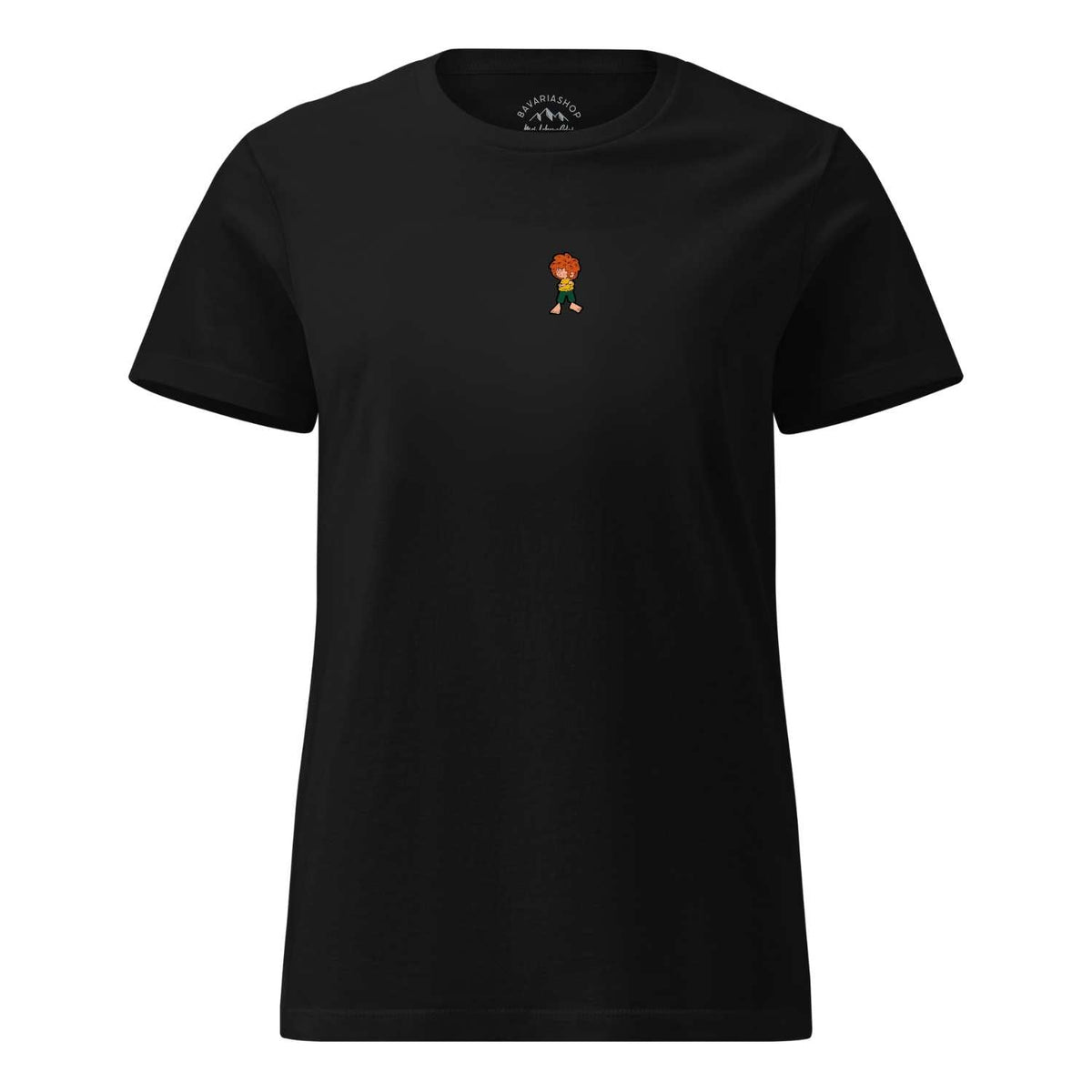 Schwarzes Pumuckl T-Shirt Damen „Grantla“ freigestellt – leicht tailliert, gewebtes Pumuckl-Label