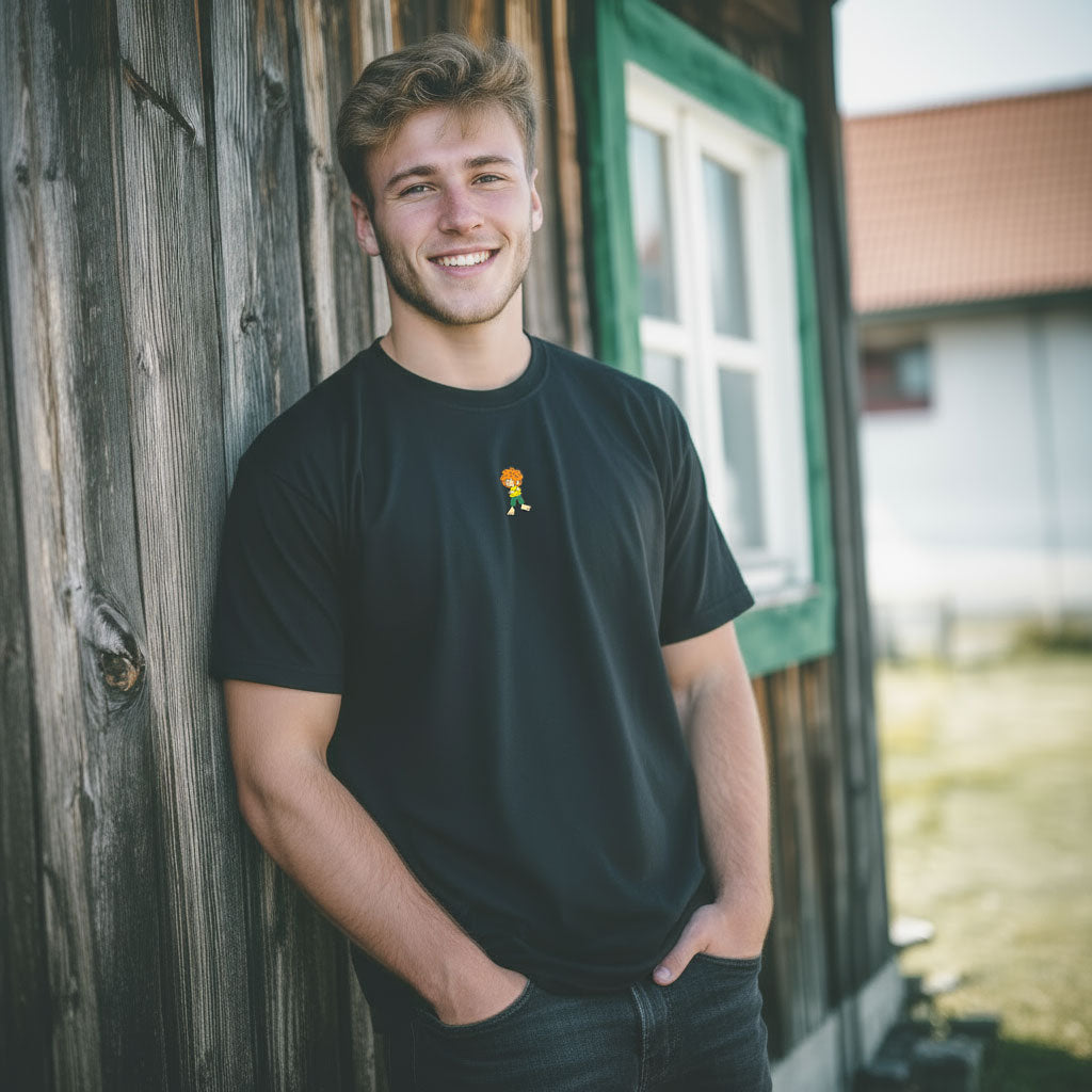 Pumuckl T-Shirt Herren „Grantla“ in Schwarz, lässig getragen vor einer Holzwand