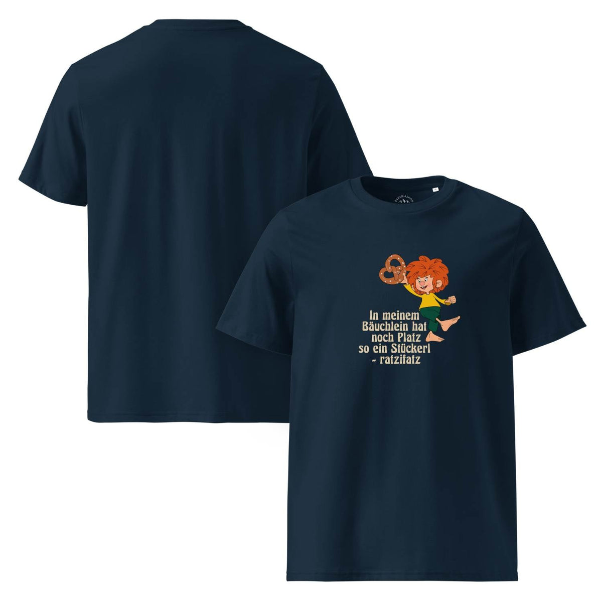 Dunkelblaues Pumuckl T-Shirt Herren „Brezn Stückerl“ mit Pumuckl-Motiv und Spruch
