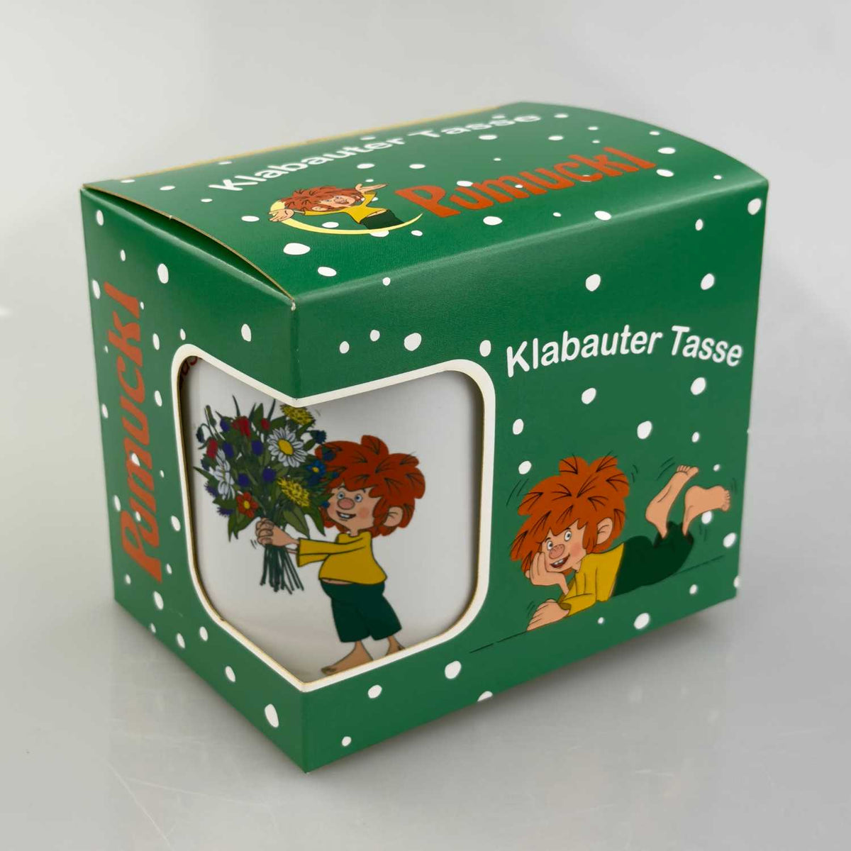 Pumuckl Tasse in der grünen Geschenkbox mit Pumuckl-Motiv