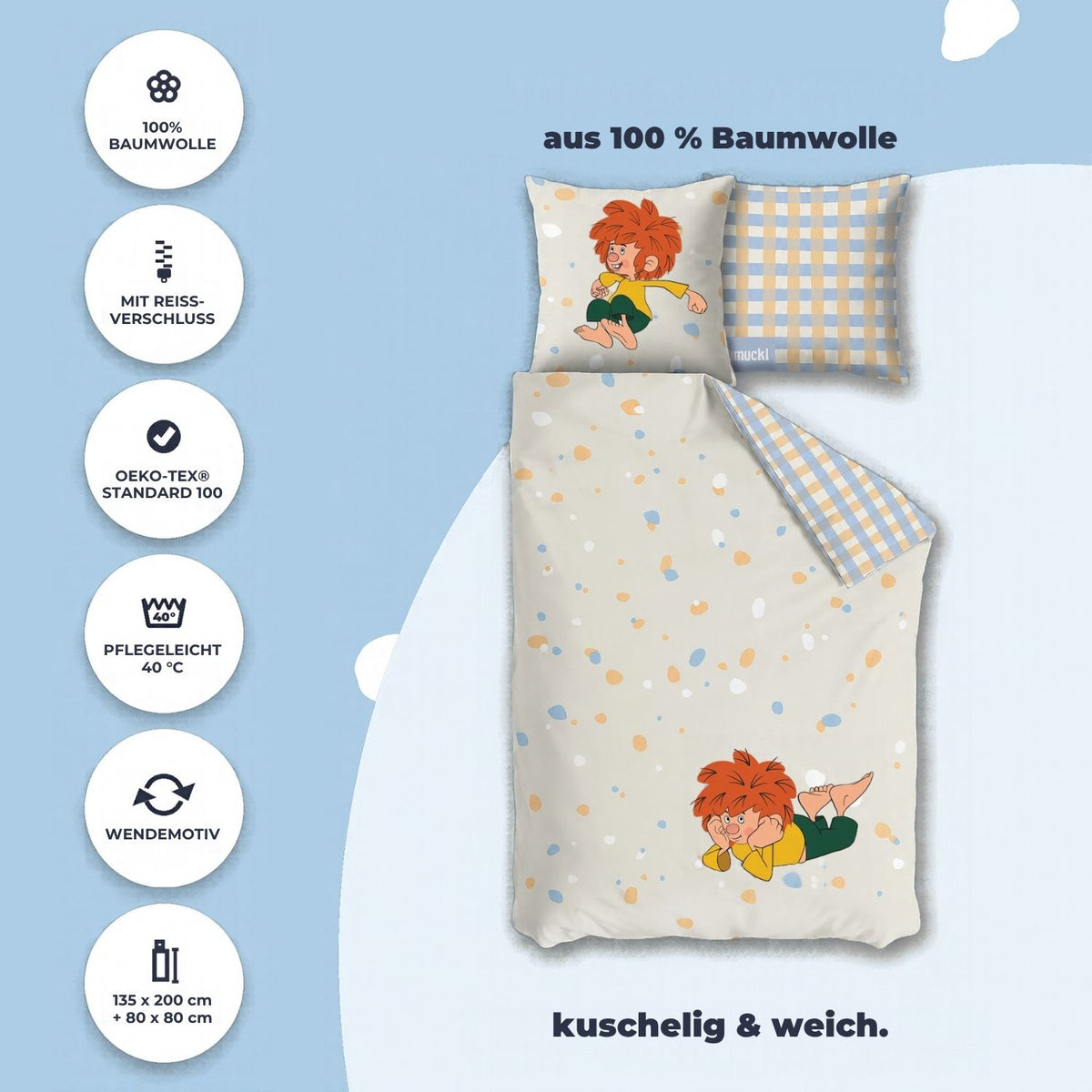 Pumuckl Bettwäsche „Gute Nacht“ aus 100 % Baumwolle mit Reißverschluss, waschbar bei 40 °C