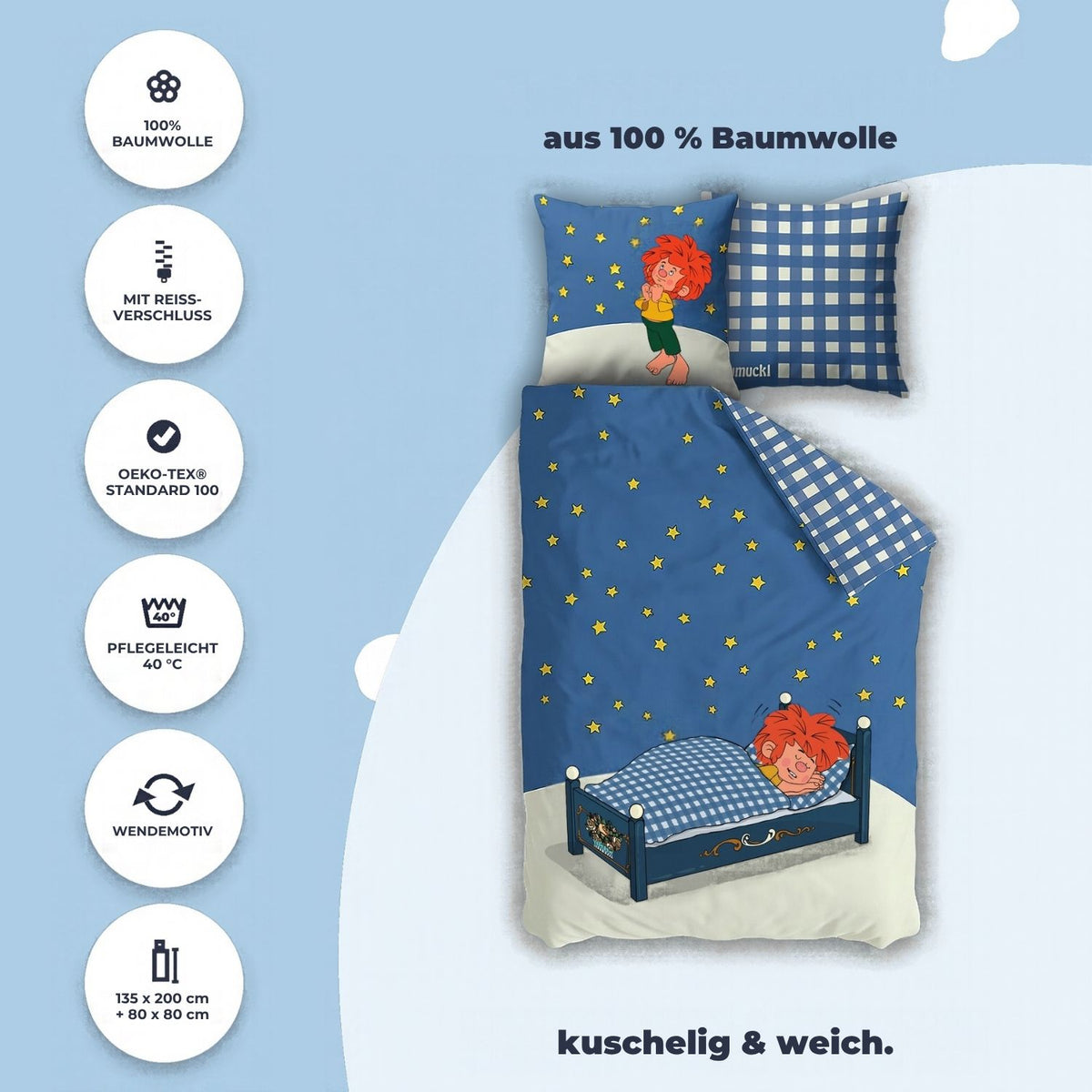 Pumuckl Bettwäsche „Träum schön“ aus 100 % Baumwolle mit Reißverschluss, waschbar bei 40 °C