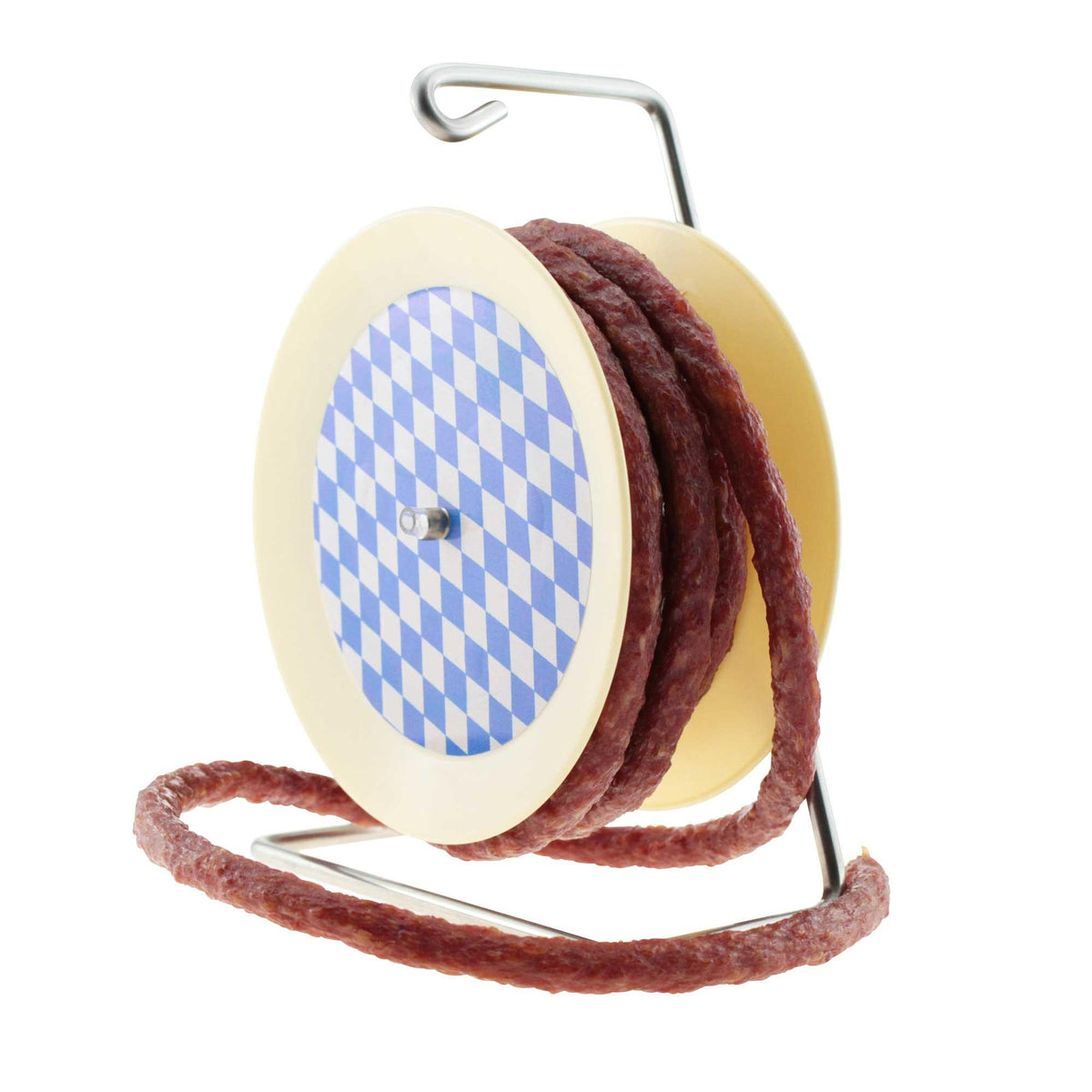 Mini-Salami-Metzgerrolle auf Metallständer mit bayerischem Rautenmuster, ideal für Partys und Geschenke.