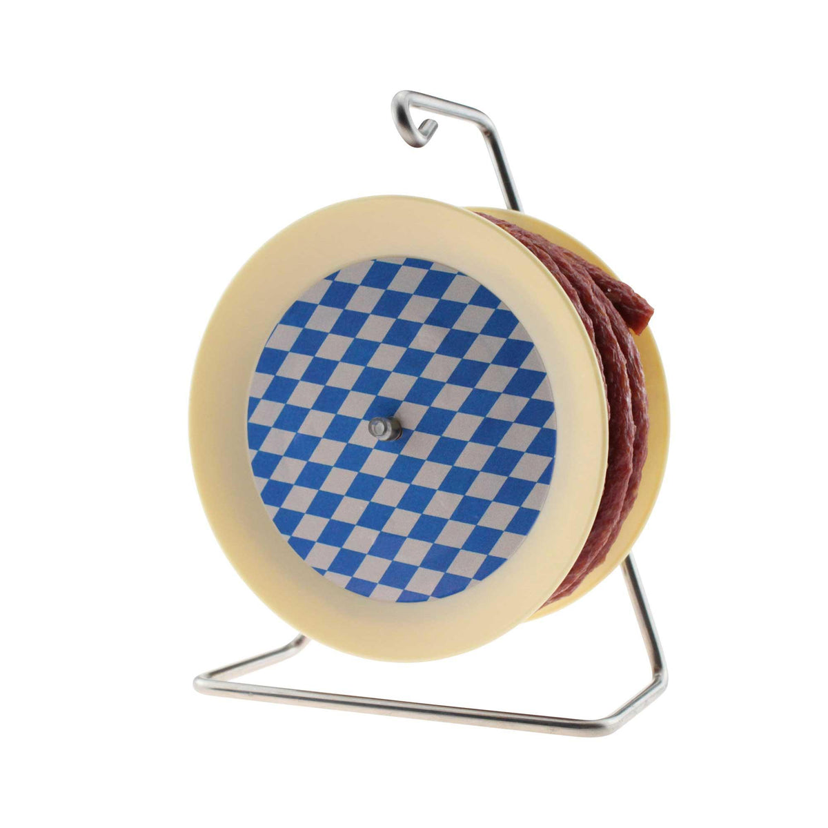 Küchenrollenhalter in beige mit blau-weißem Rautenmuster und roter Kordel auf einem Metallständer.