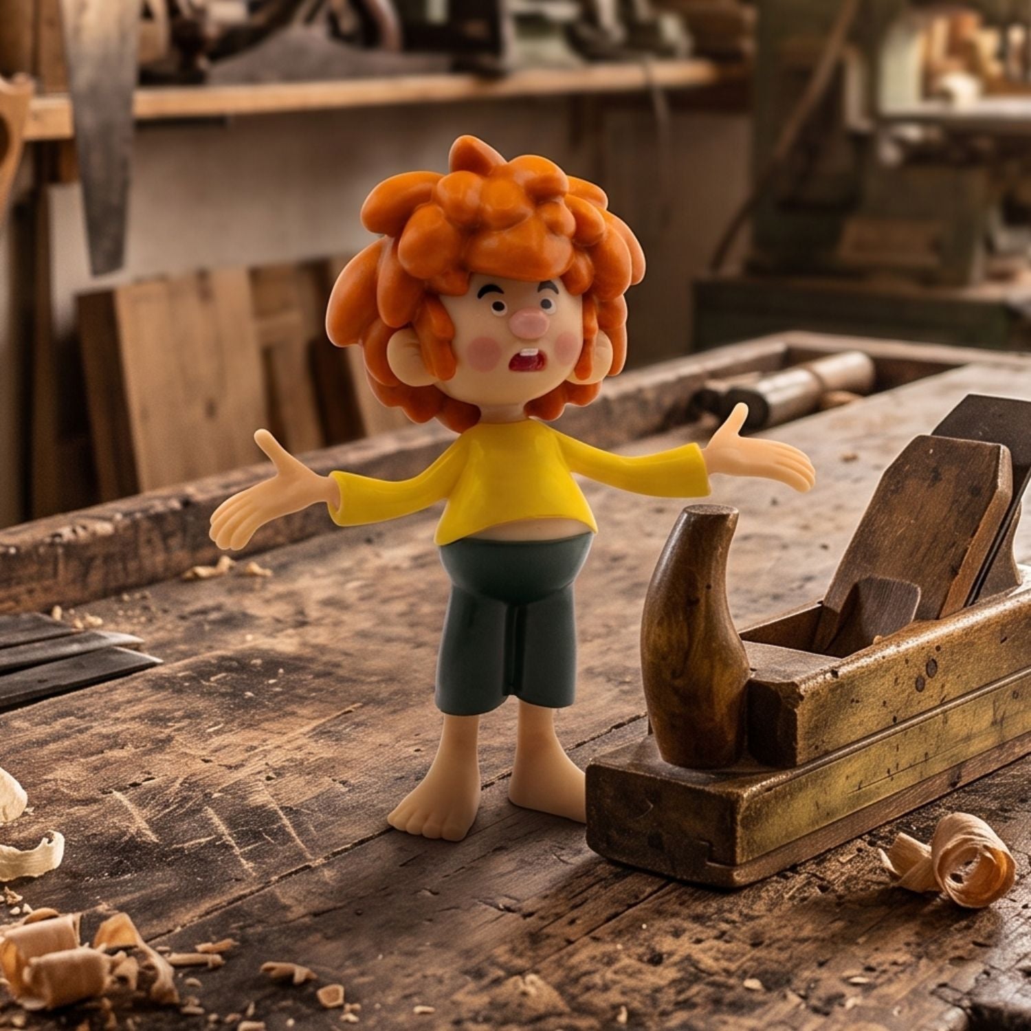 Detaillierte Pumuckl-Figur fragend in gelbem Shirt und grüner Hose, auf rustikaler Werkbank mit Hobel.