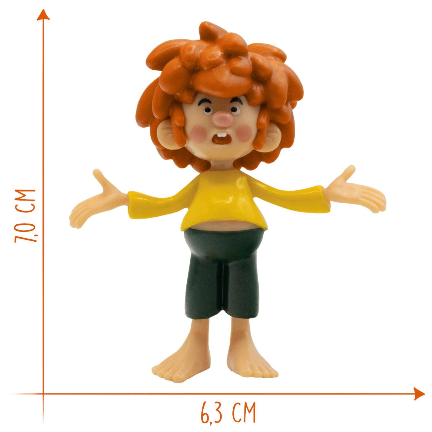 Pumuckl Figur fragend, 7 cm hoch, mit rotem Haar, gelbem Oberteil und grüner Hose, barfuß.