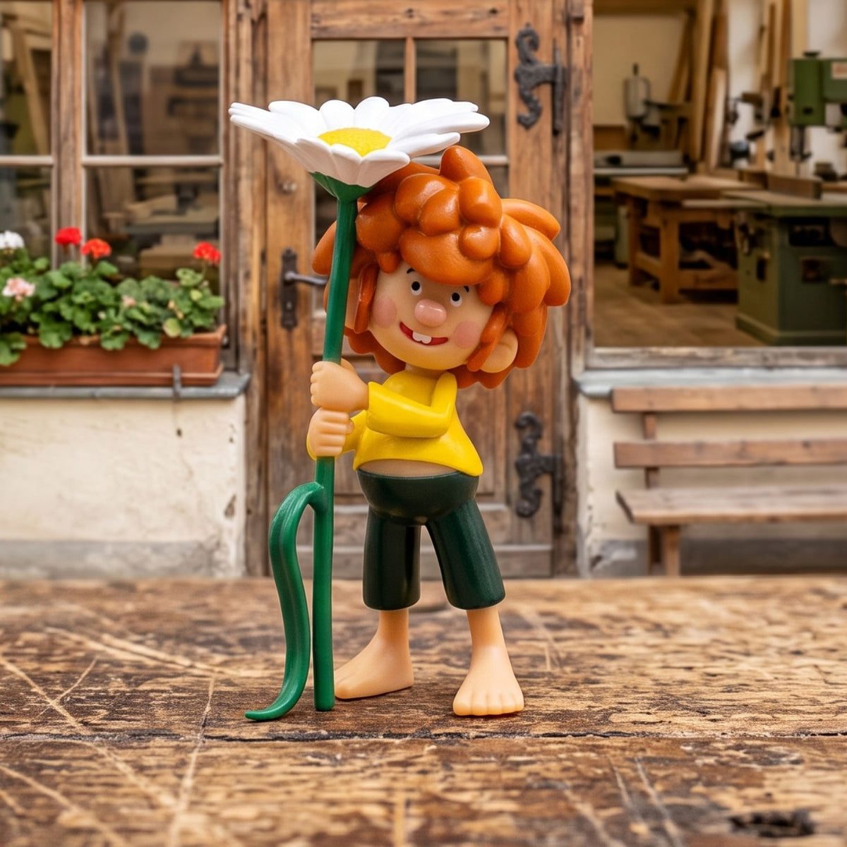 Pumuckl-Figur "Blume" 8 cm, lachend, mit rotem Haar und gelber Blüte in den Händen