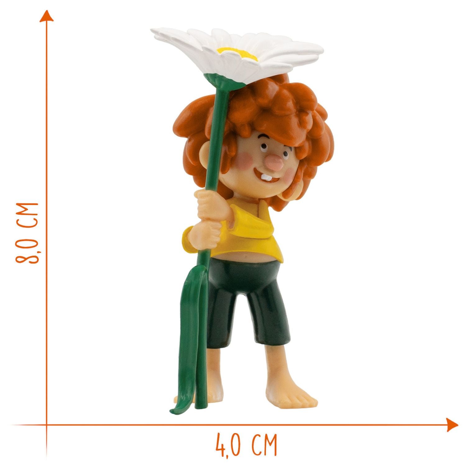 Pumuckl-Figur "Blume" 8 cm mit rotem Haar, gelbem Hemd und grüner Blume in den Händen
