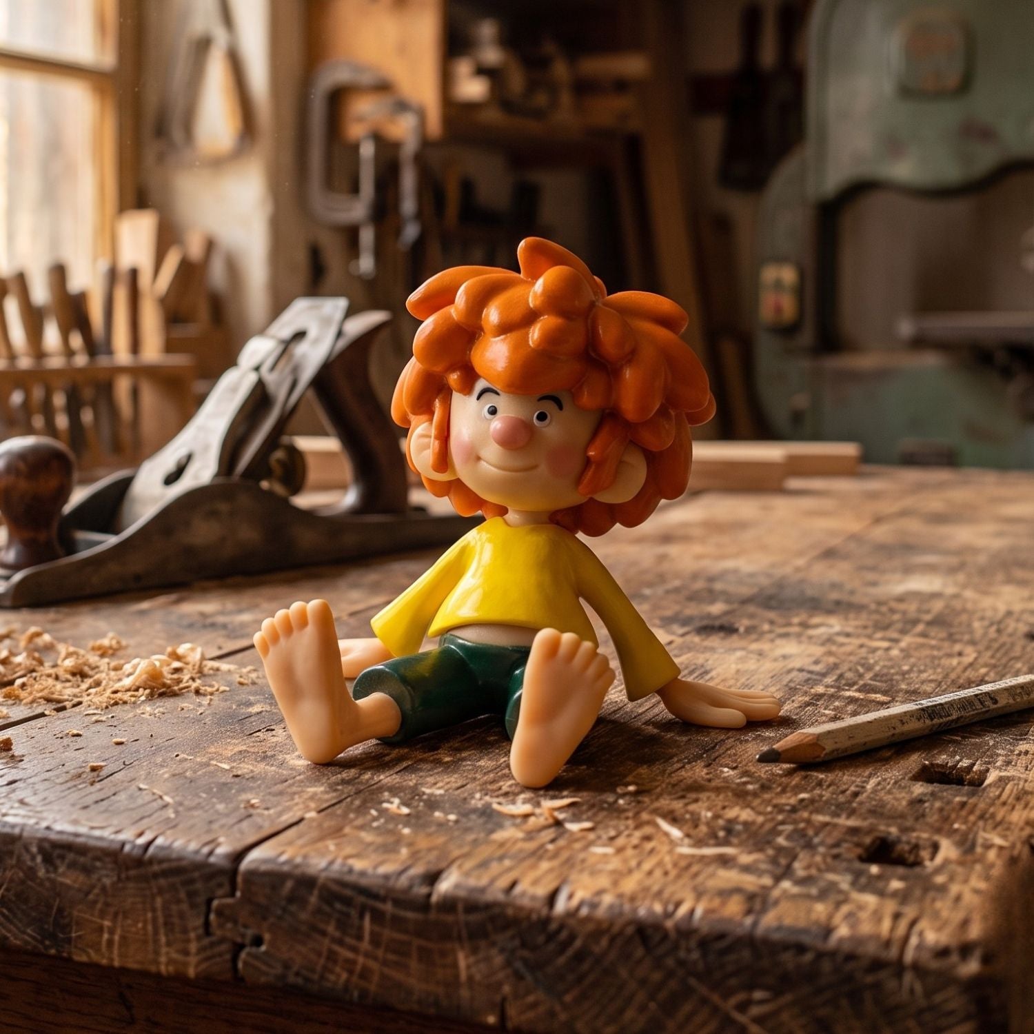 Detailreiche Pumuckl Figur 5 cm sitzend auf einer Werkbank, mit Hobel und Bleistift im Hintergrund.