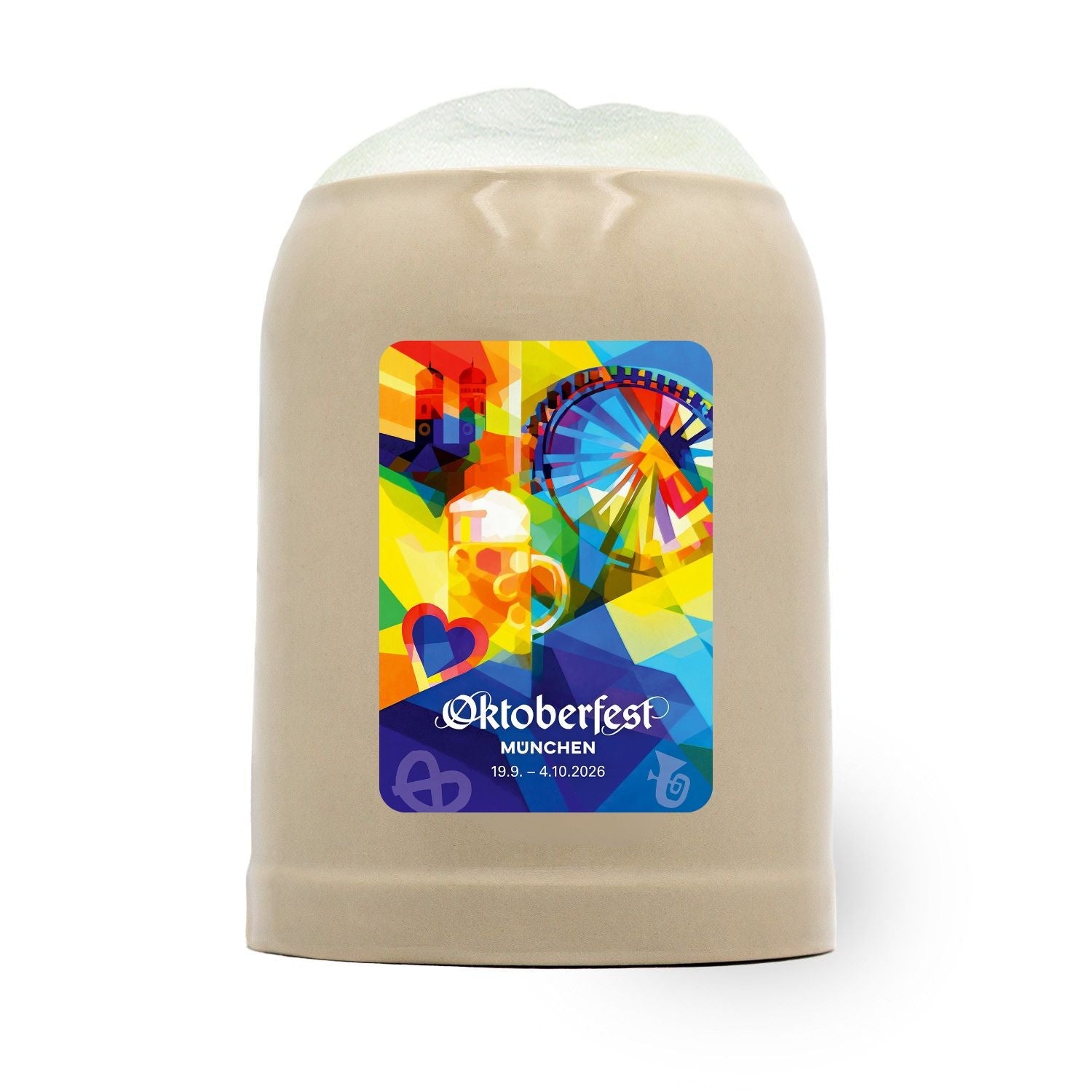 Offizieller Steinkrug vom Oktoberfest München 2026 mit farbenfrohem Pop-Art-Design, Riesenrad und Bierkrugmotiv.