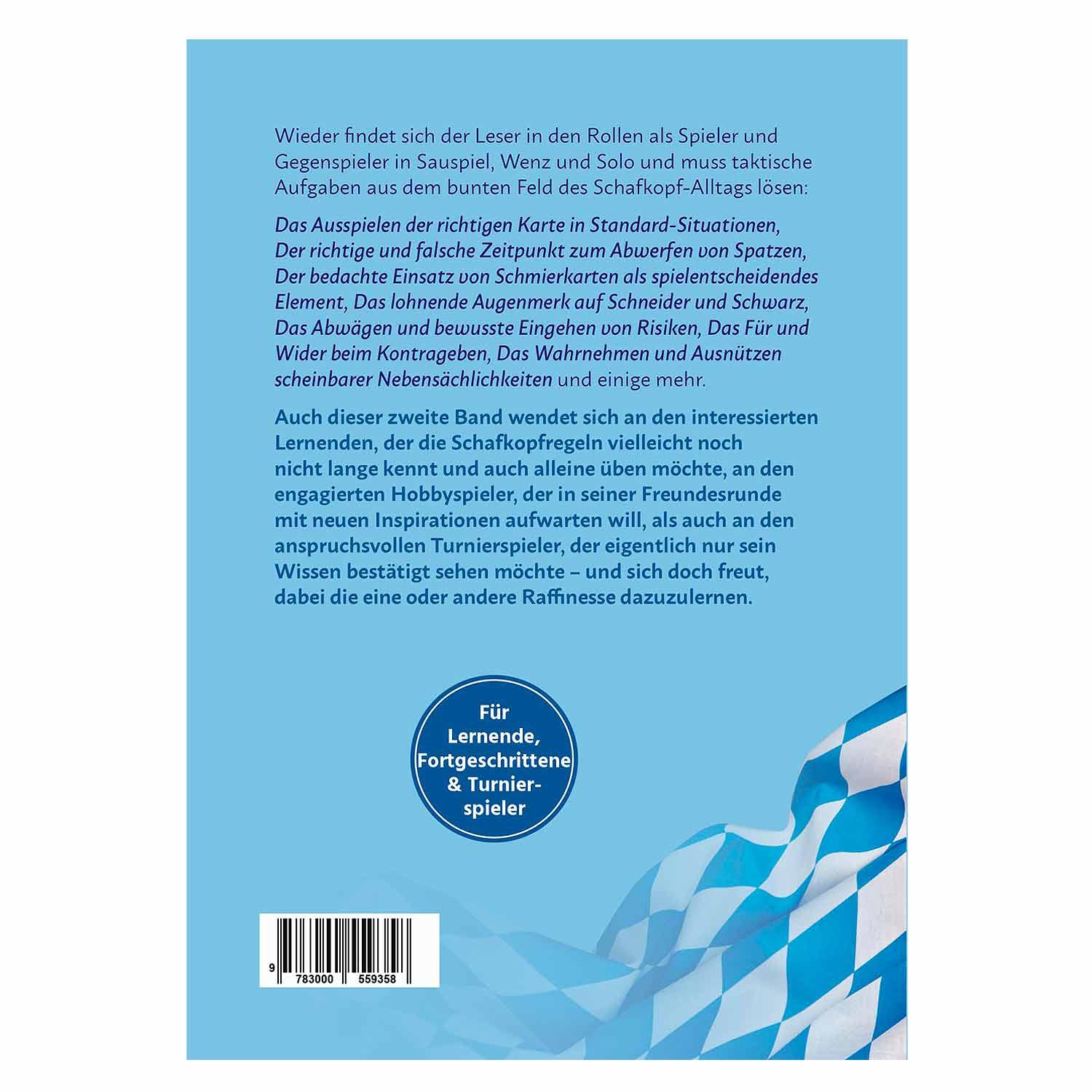 Schafkopf: Mit Taktik zum Erfolg - Band 2 Buchrückseite, Leseprobe und blaue bayerische Flagge. Für Lernende, Fortgeschrittene und Turnierspieler.