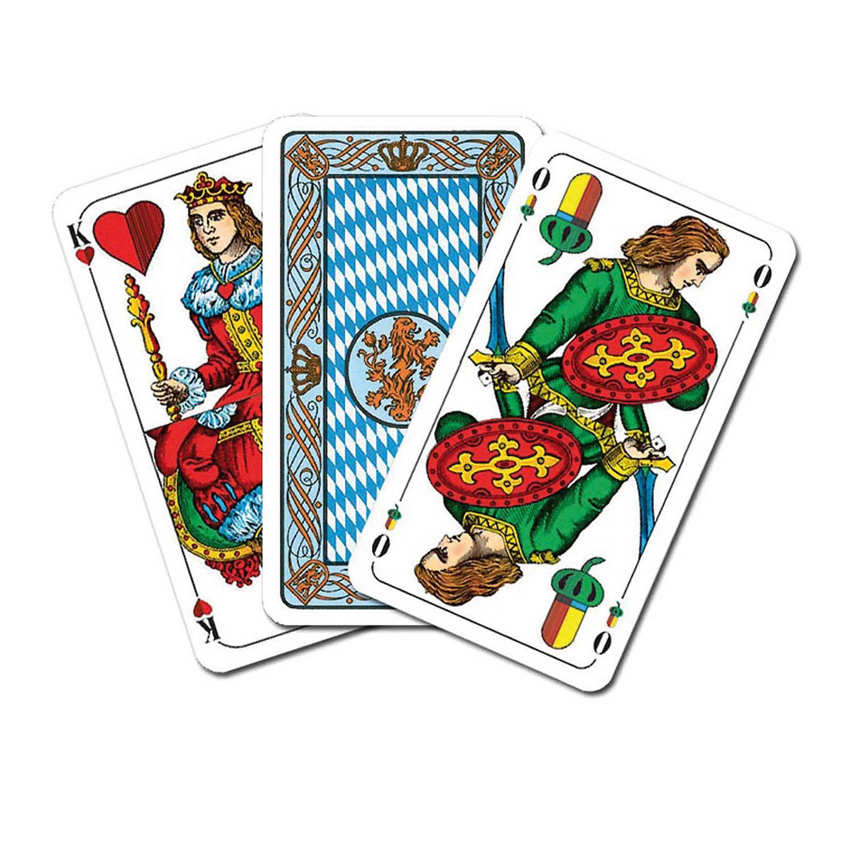 Drei historische Spielkarten: Herz König, Spielkartenrückseite mit Rautenmuster und ein Bauer mit Schwert und Schild.
