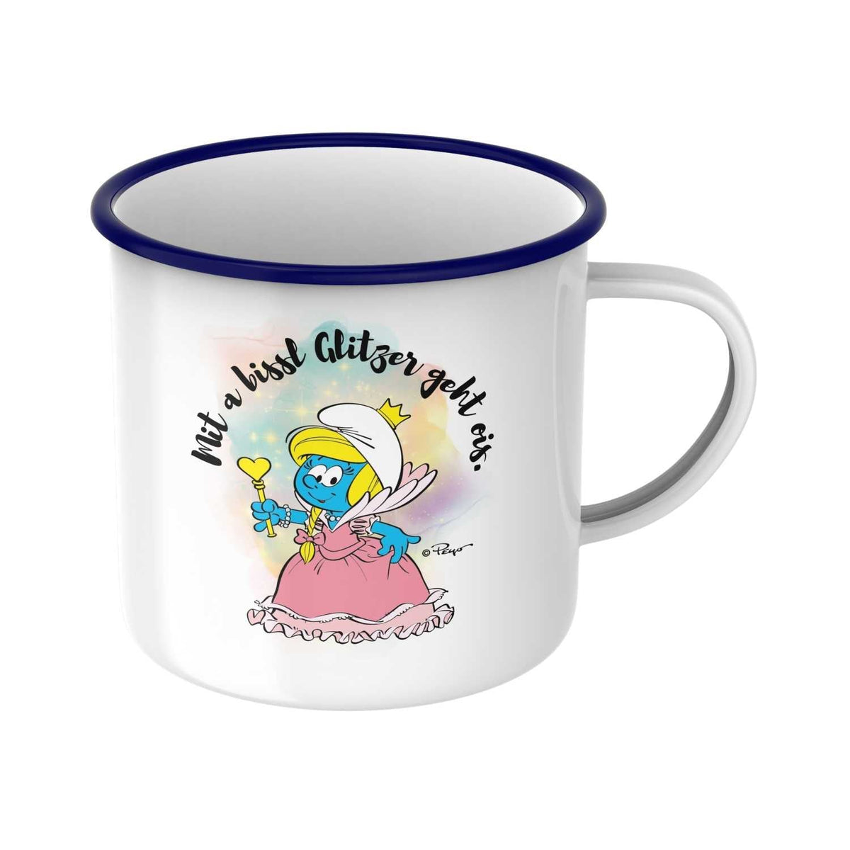 Weiße ®Die Schlümpfe Emailletasse "Glitzer" mit Schlumpfine als Prinzessin und Spruch, blauer Rand.