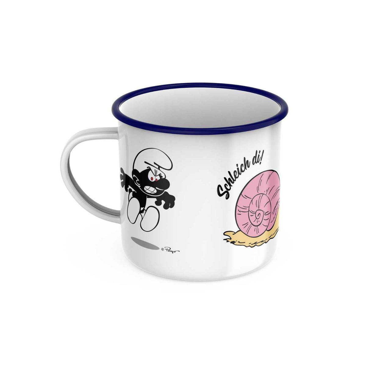 ®Die Schlümpfe Emailletasse Schleich di mit schwarzem Griesgrams-Schlumpf und rosa Schnecke.