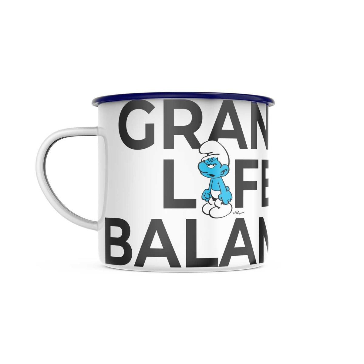 Weiße Emailletasse Schlümpfe Grantl life balance mit Grantl-Schlumpf und dickem Schriftzug