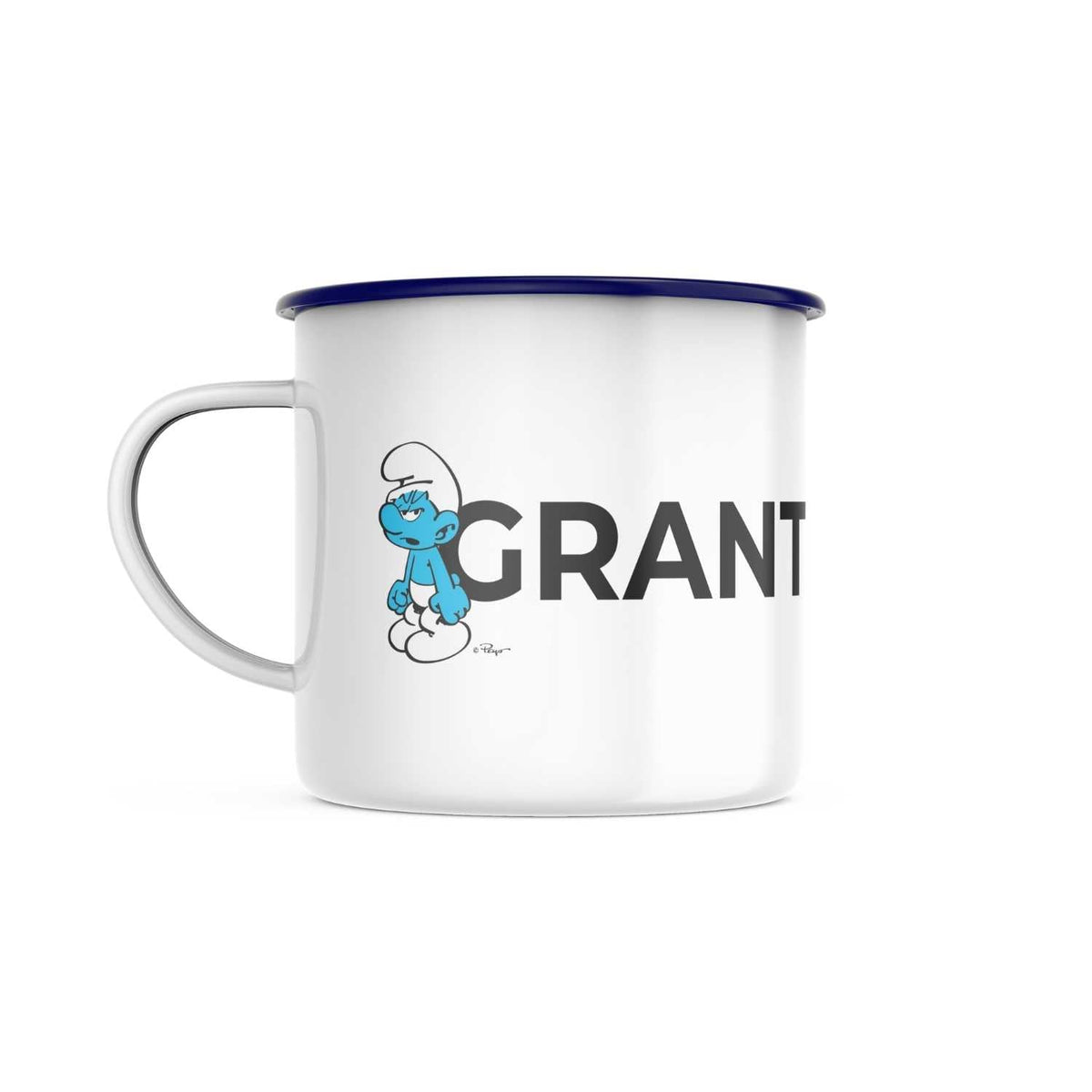 Weiße ®Die Schlümpfe Emailletasse Grantla mit blauem Rand und dem Motiv des schlecht gelaunten Schlumpfes.