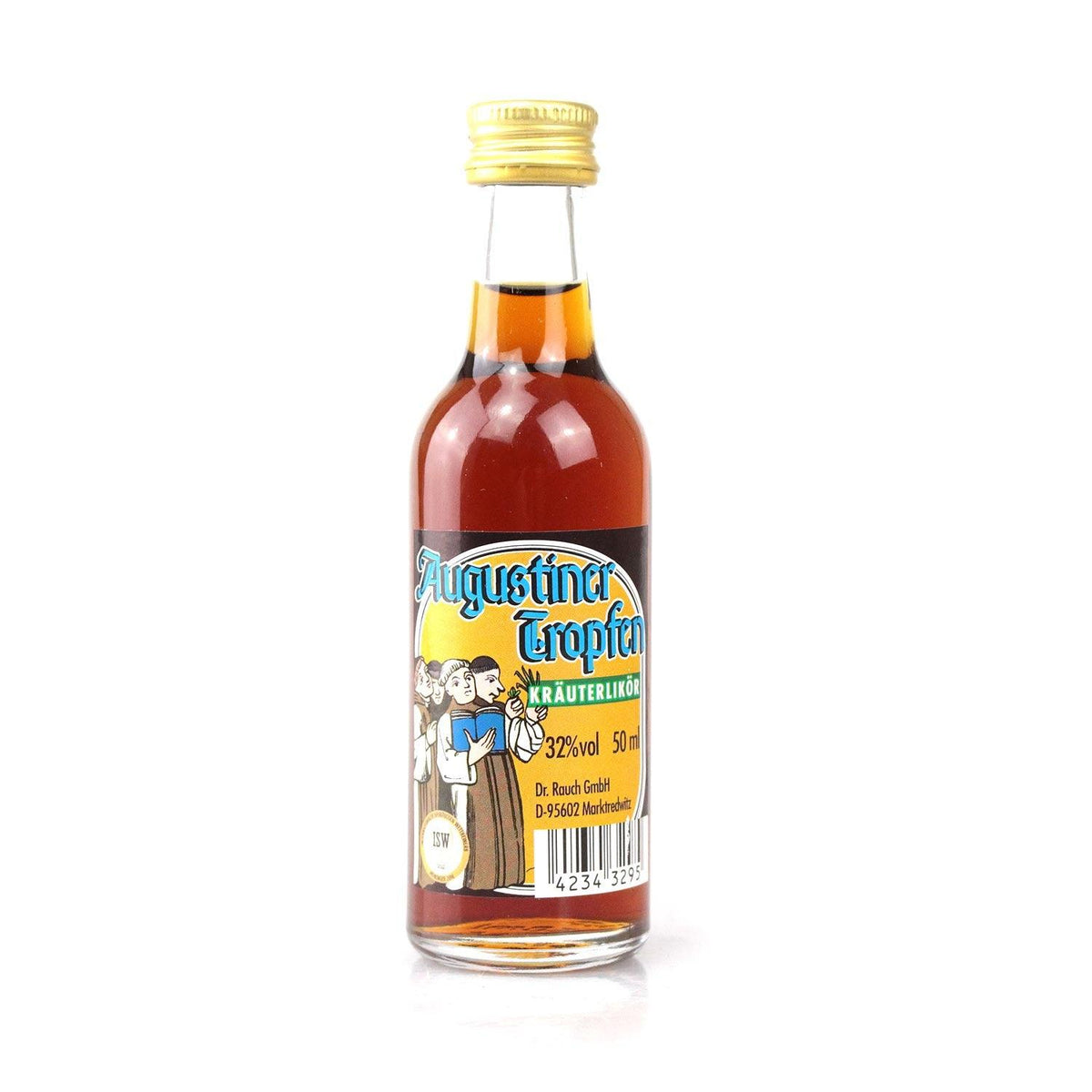 Augustiner Tropfen Kräuterlikör 32% vol 50 ml Flasche mit goldener Kappe und traditionellem Etikett