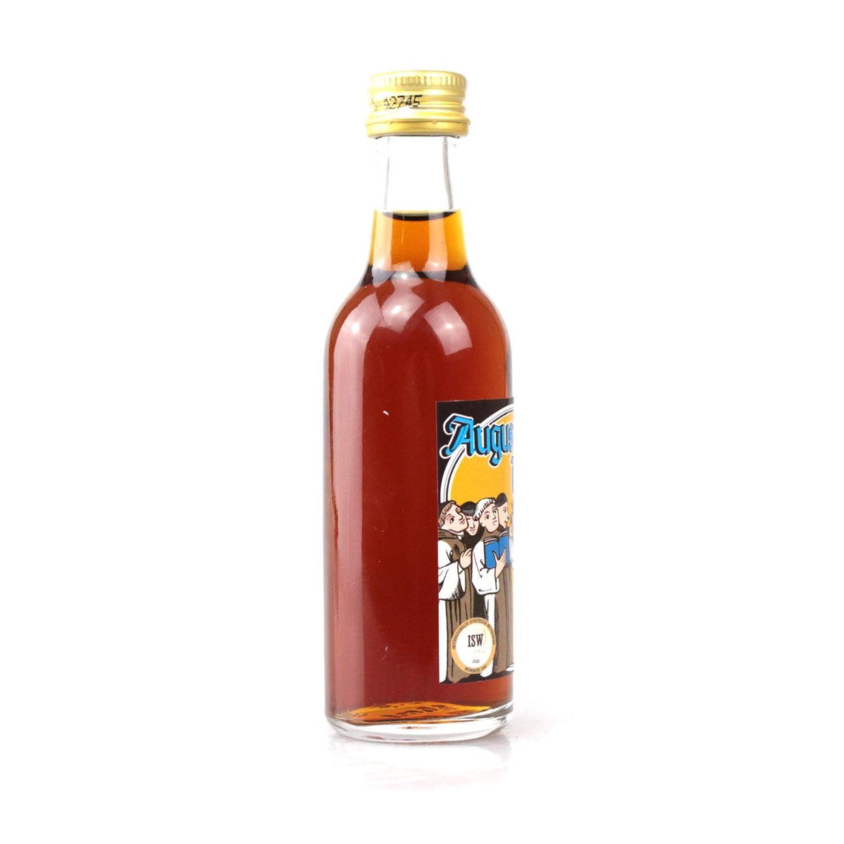 Kleine Glasflasche mit brauner Flüssigkeit, goldenem Schraubverschluss und Etikett mit Mönchen und Blau.