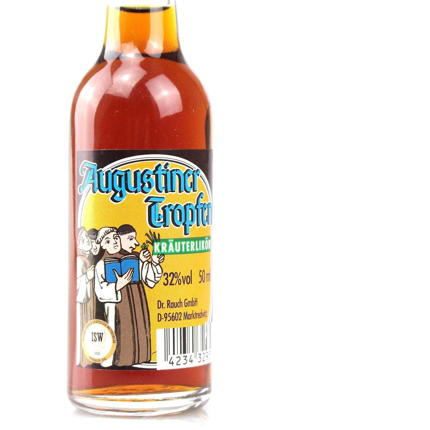 Braune Glasflasche Augustiner Tropfen Kräuterlikör 32% Vol. mit bunter Mönch-Etikettierung, 50ml.