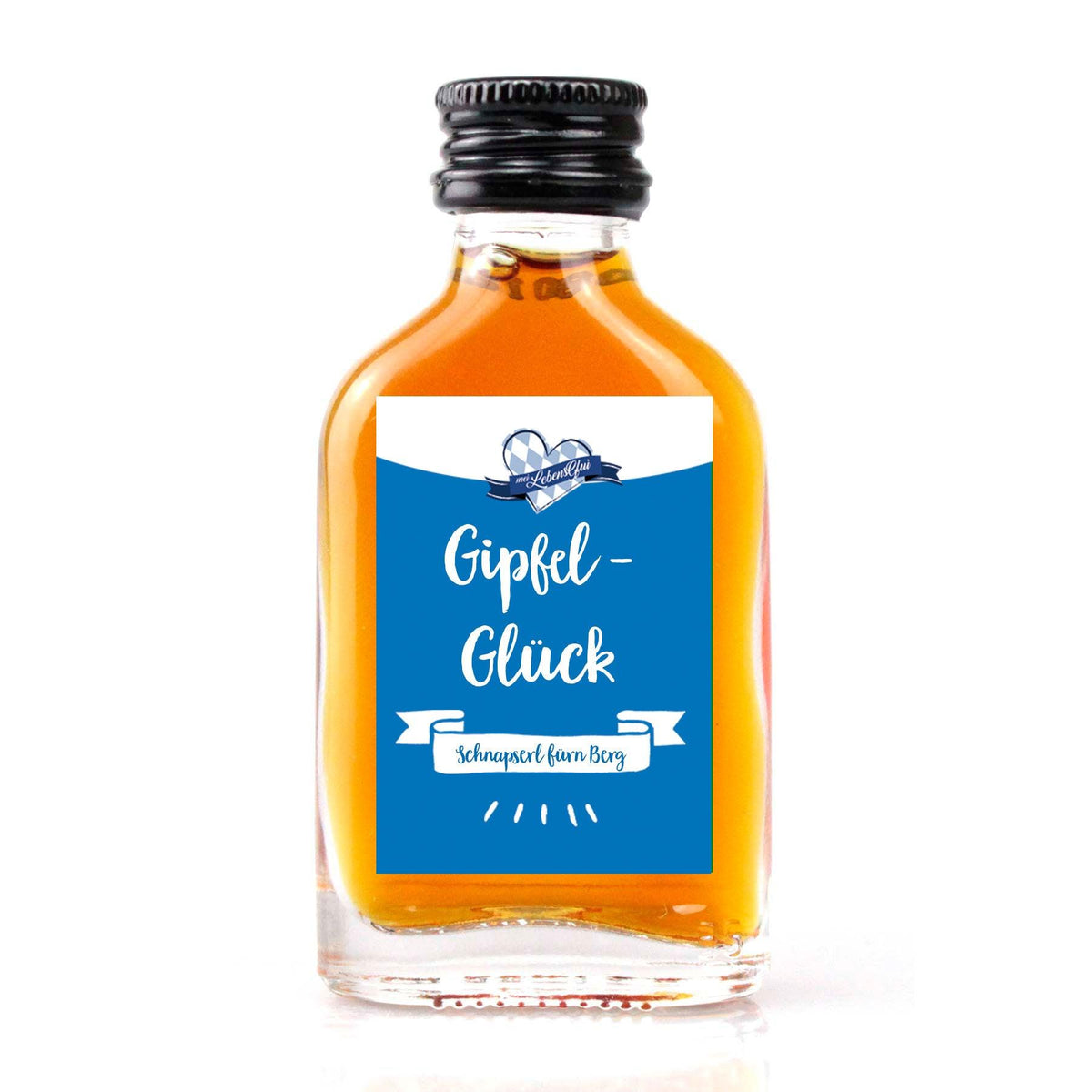 Kleine Schnapsflasche "Gipfel-Glück" mit goldenem Likör und blauem Etikett, ideal als Geschenk.