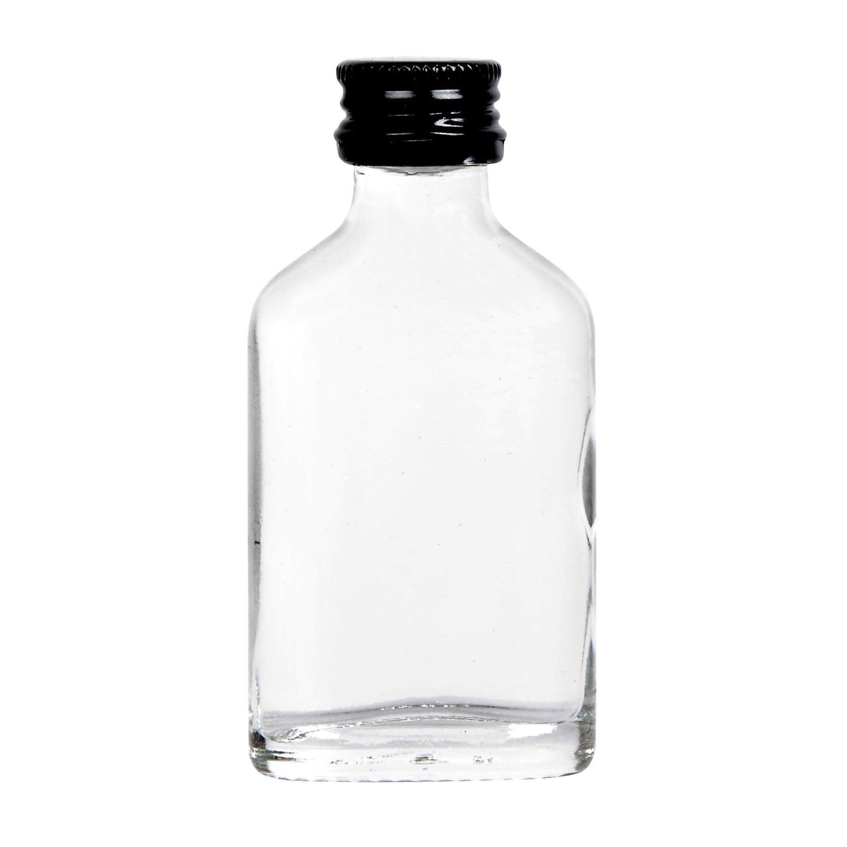 Leere klare Flachmann-Glasflasche mit schwarzem Schraubverschluss für Spirituosen oder Proben.