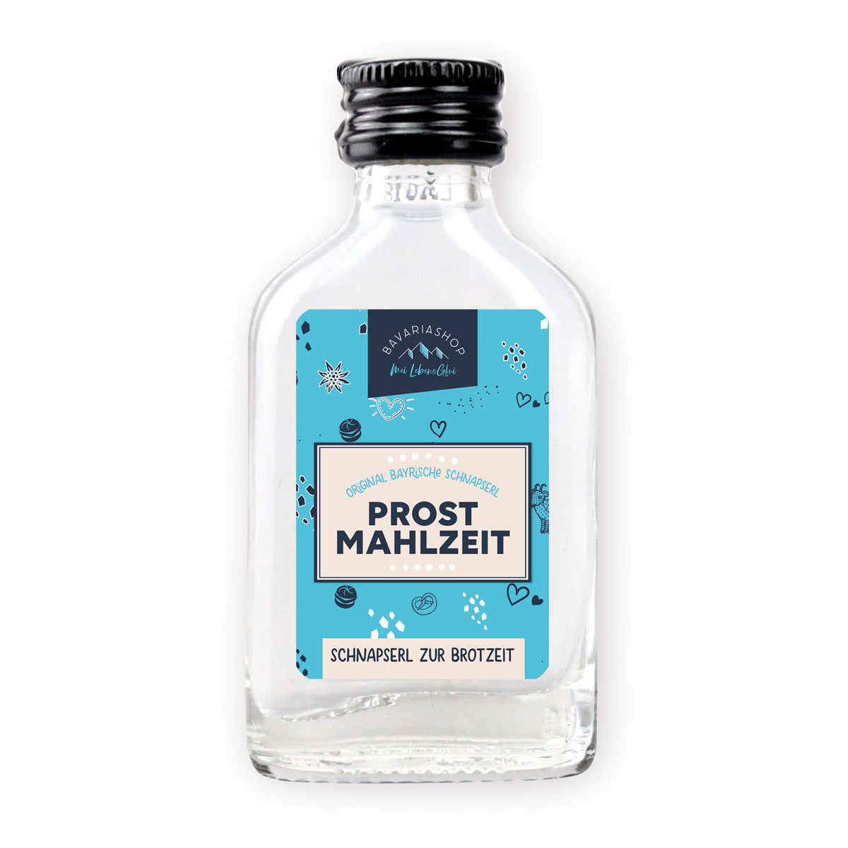 Kleine Schnapsflasche "Prost Mahlzeit!" mit blauem Etikett und bayerischen Motiven, bereit zum Genuss.