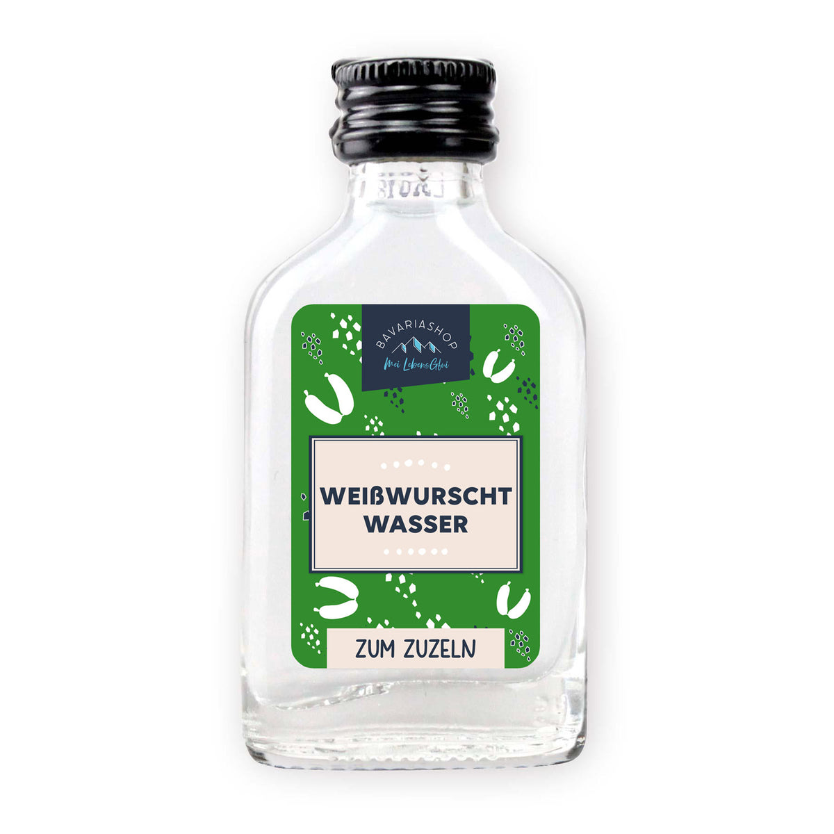 Klarer Obstbrand in Mini-Glasflasche mit weiß-blauem Etikett und Schriftzug „Weißwurschtwasser“, 2cl Inhalt.