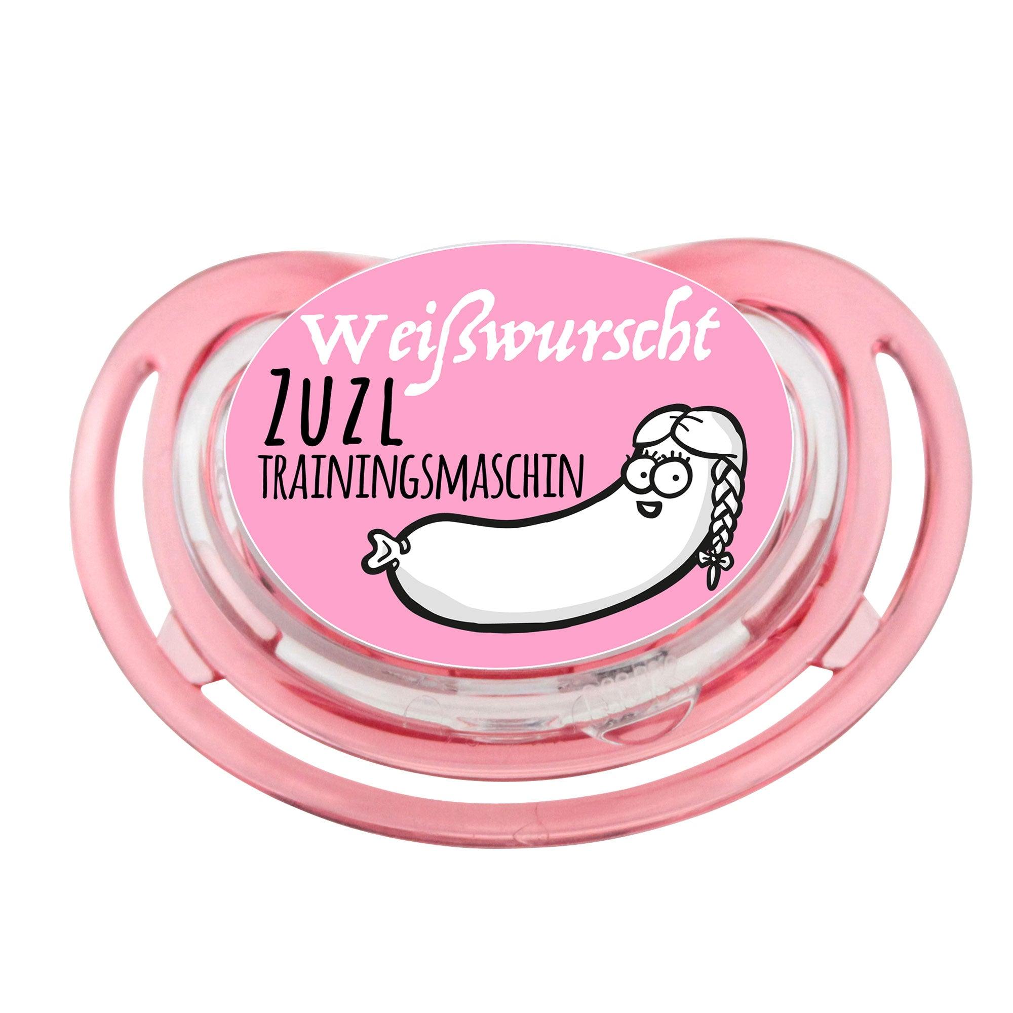 Rosa Nuckel "Weißwurscht Zuzl Trainingsmaschin" mit lustiger Weißwurst-Grafik für Neugeborene, ideal für die Geschenkbox "Ostern für Baby-Madln