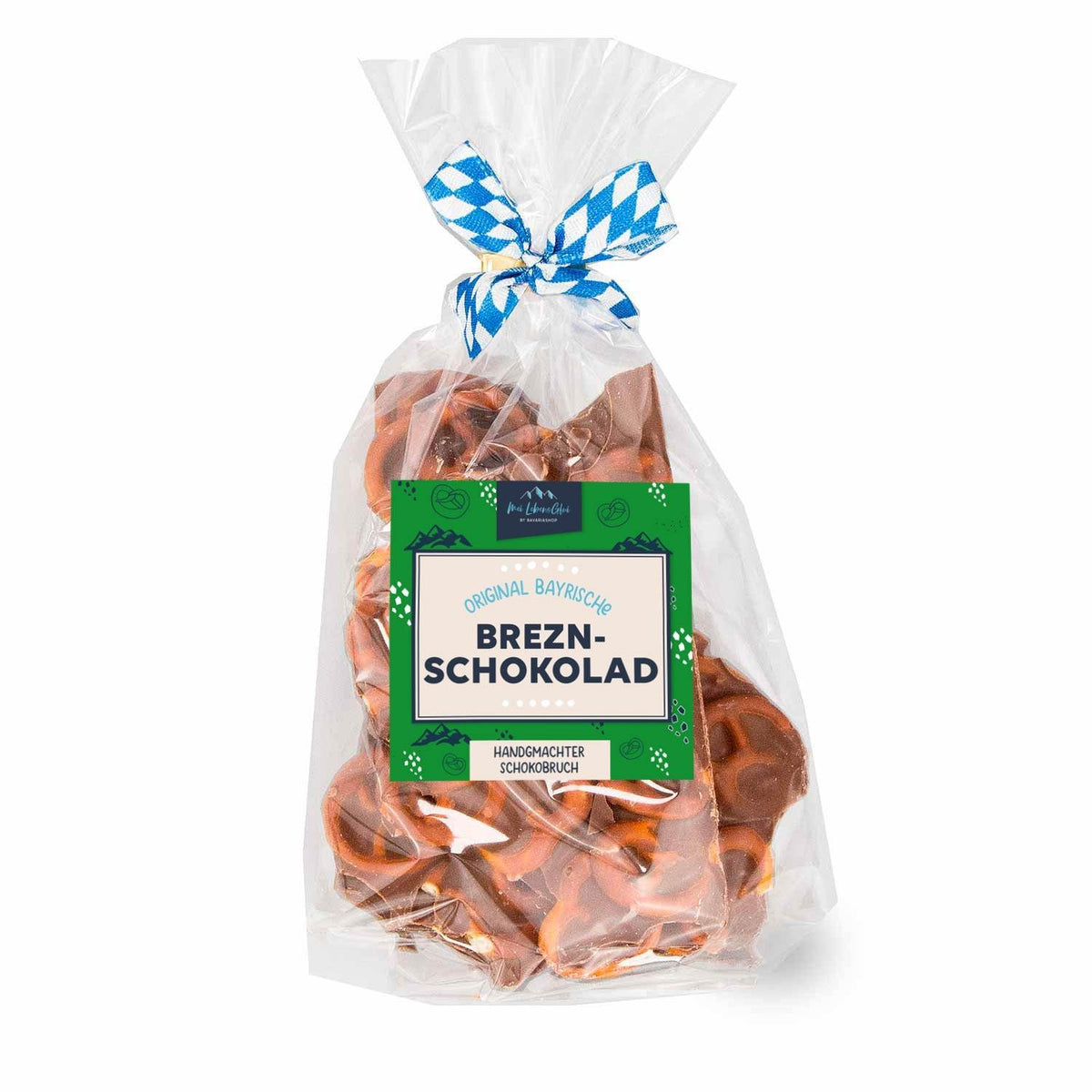 Bayerischer Schoko-Bruch mit Knusper-Brezn in transparenter Tüte, verschlossen mit weiß-blauem Band.
