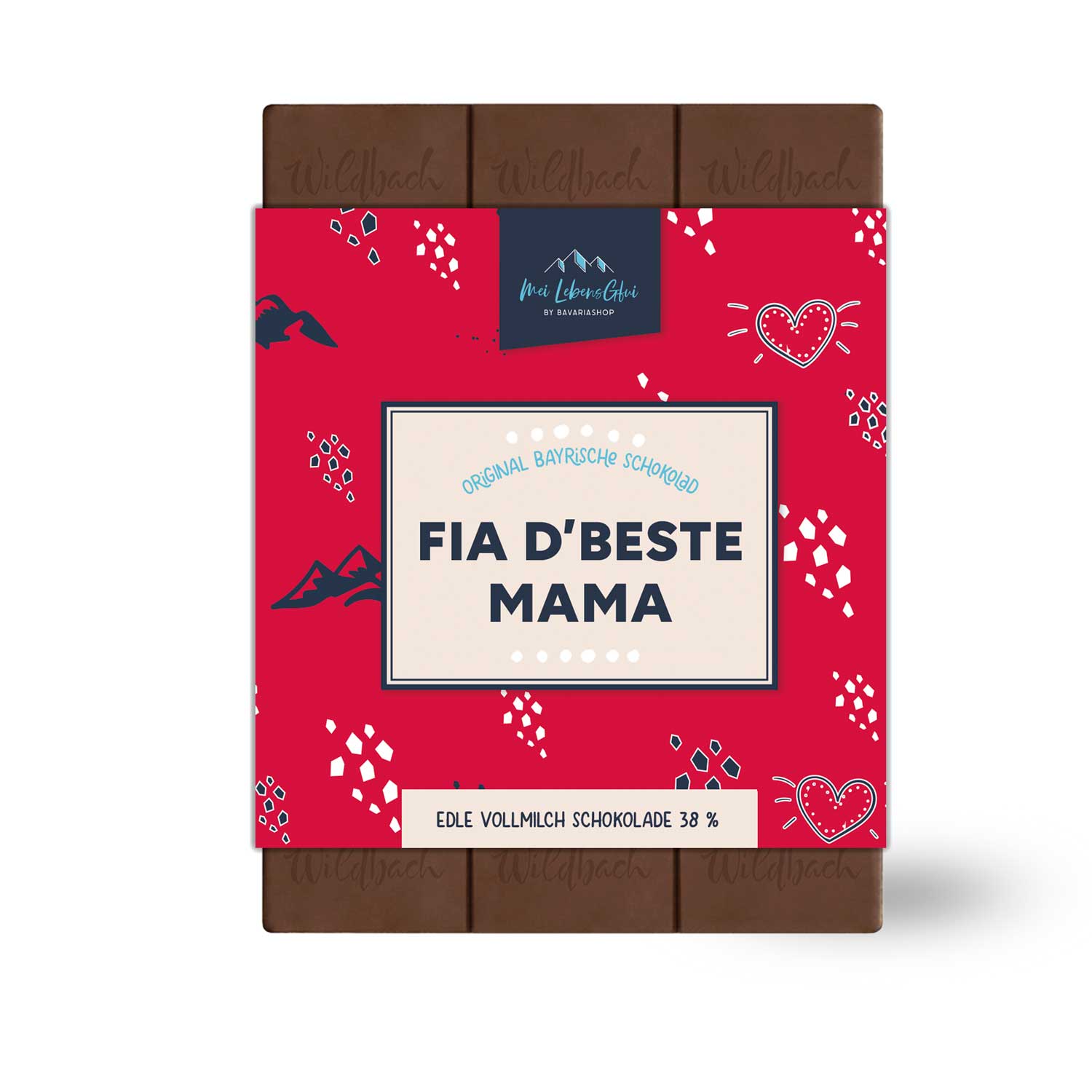 Wildbach Schoklad Fia d'beste Mama, edle Vollmilchschokolade 38% mit roter bayrischer Verpackung.